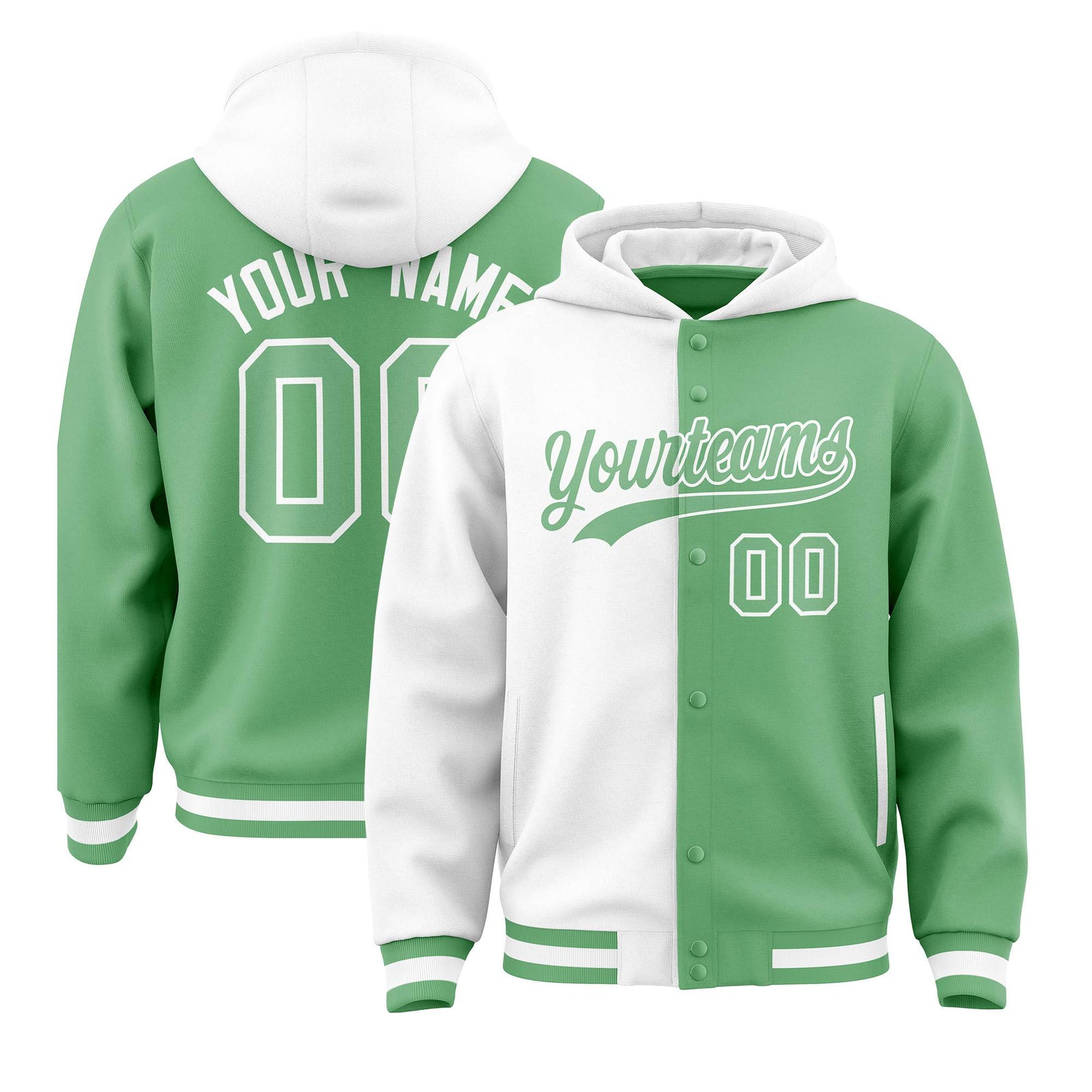 Custom White Bright Green Split Fashion Varsity Full-Snap Letterman Two Tone Hoodie Jacket