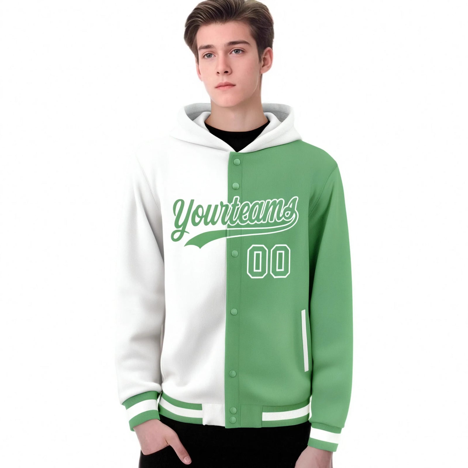 Custom White Bright Green Split Fashion Varsity Full-Snap Letterman Two Tone Hoodie Jacket