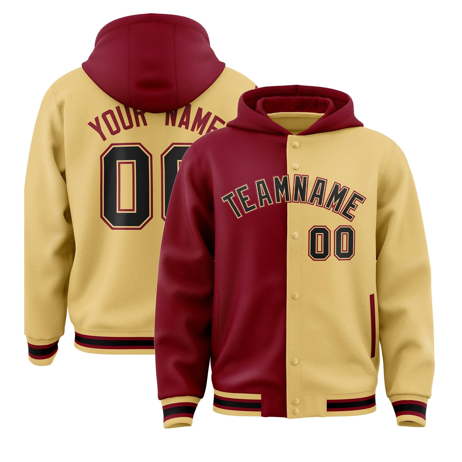 Custom Crimson Old Gold Split Fashion Varsity Full-Snap Letterman Two Tone Hoodie Jacket