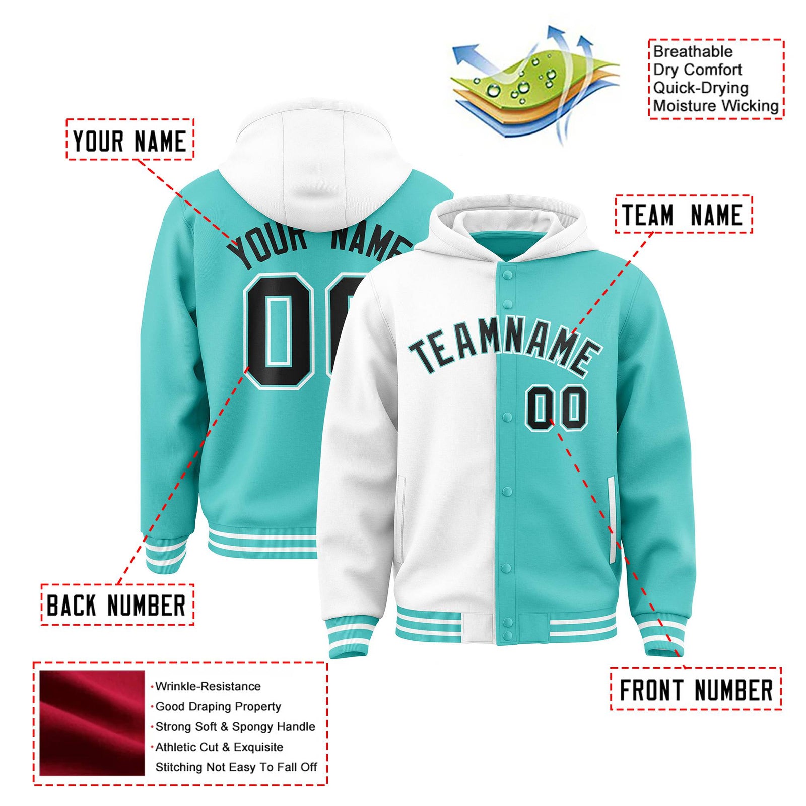 Custom White Aqua Split Fashion Varsity Full-Snap Letterman Two Tone Hoodie Jacket