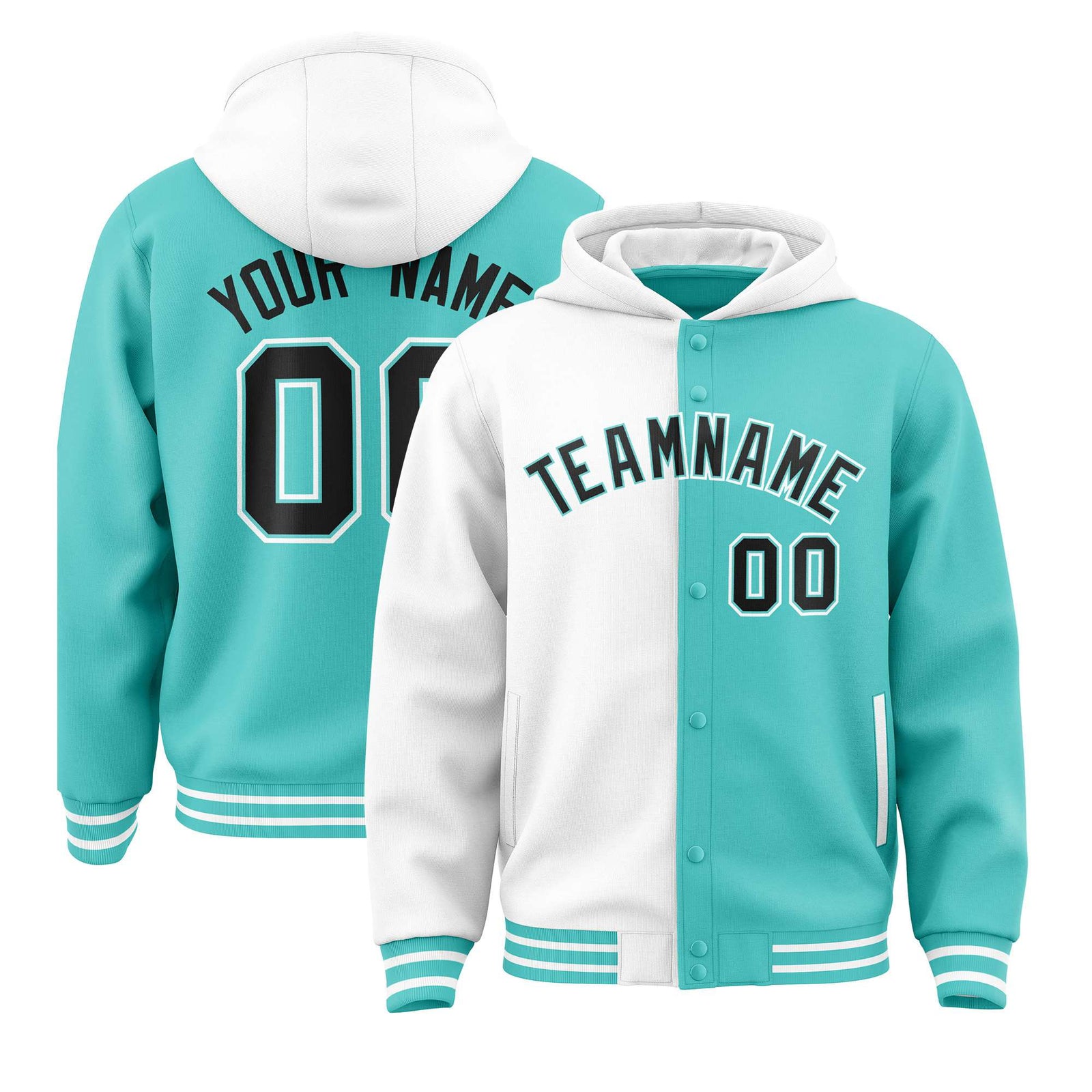 Custom White Aqua Split Fashion Varsity Full-Snap Letterman Two Tone Hoodie Jacket