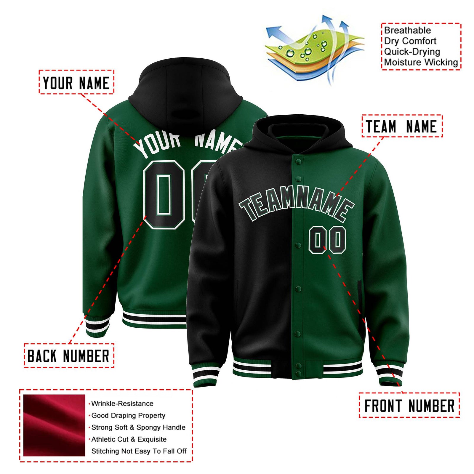 Custom Black Green Split Fashion Varsity Full-Snap Letterman Two Tone Hoodie Jacket