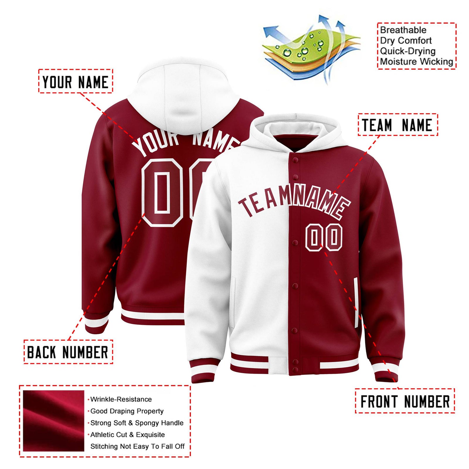 Custom White Crimson Split Fashion Varsity Full-Snap Letterman Two Tone Hoodie Jacket