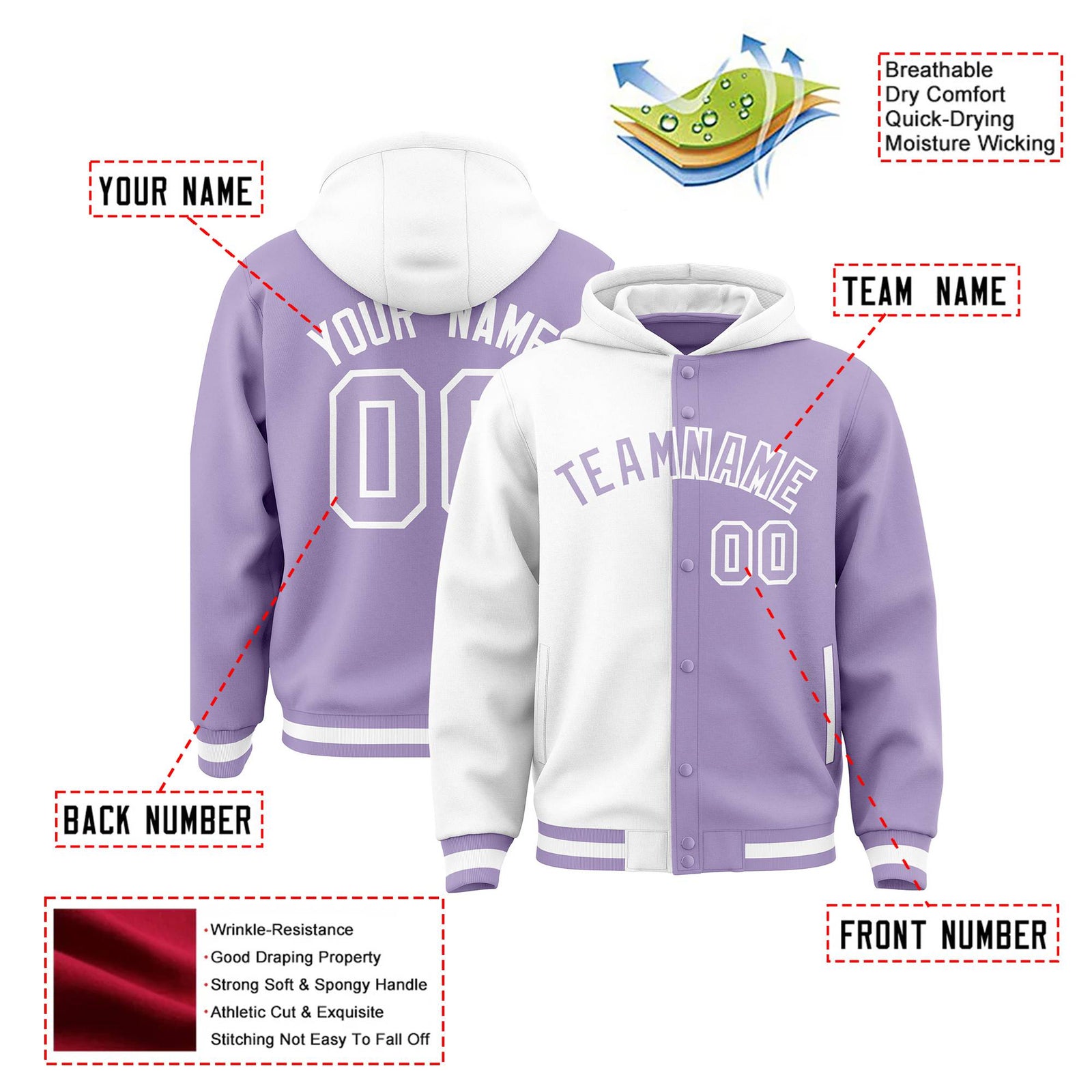 Custom White Light Purple Split Fashion Varsity Full-Snap Letterman Two Tone Hoodie Jacket