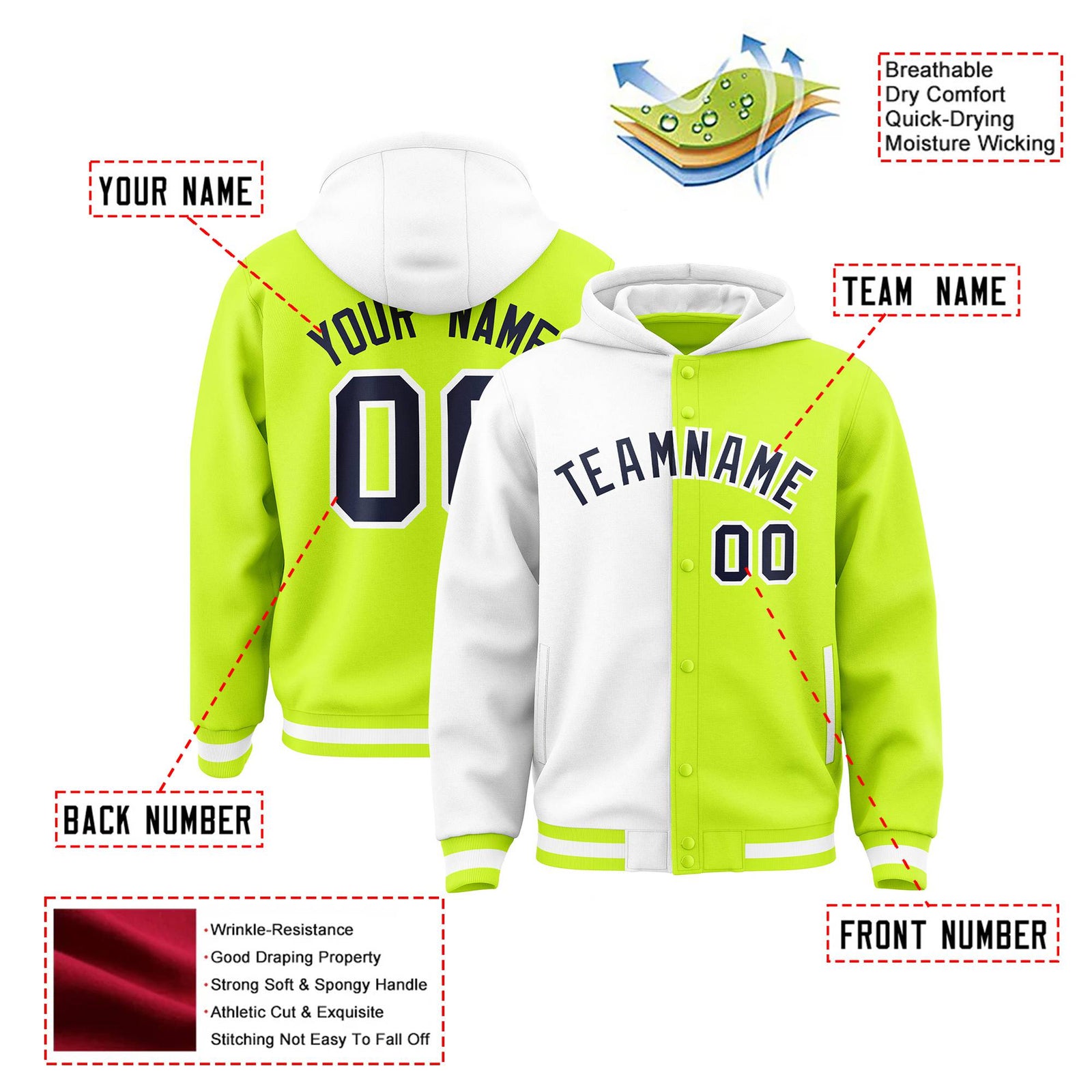Custom White Fluorescent Green Split Fashion Varsity Full-Snap Letterman Two Tone Hoodie Jacket