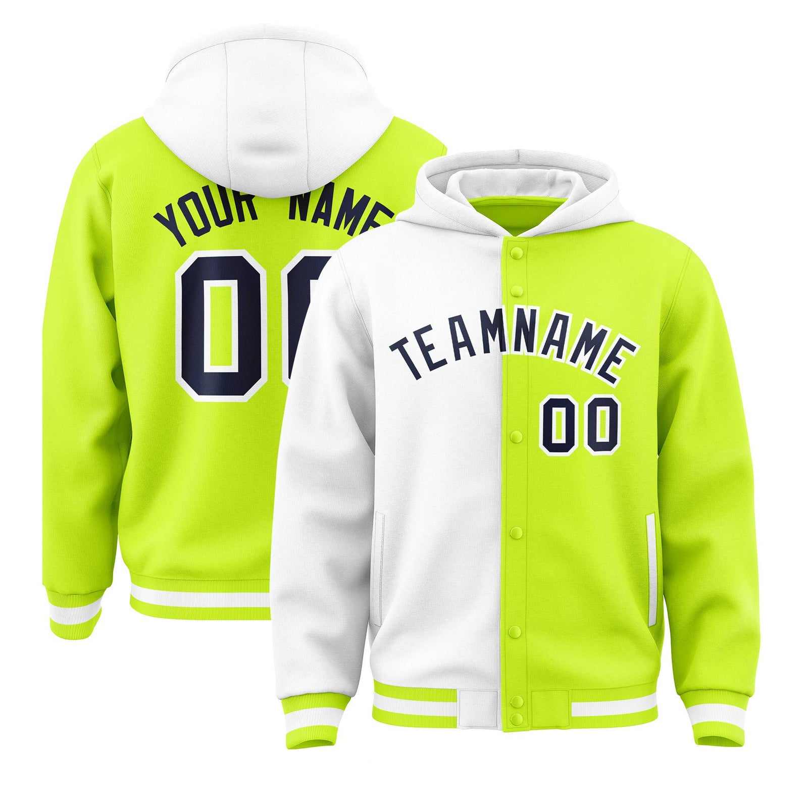 Custom White Fluorescent Green Split Fashion Varsity Full-Snap Letterman Two Tone Hoodie Jacket