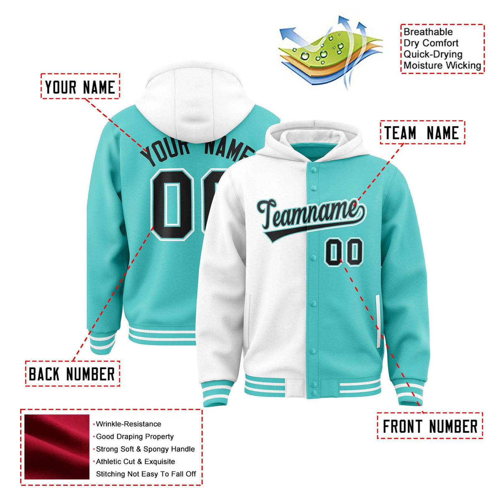 Custom White Aqua Split Fashion Varsity Full-Snap Letterman Two Tone Hoodie Jacket