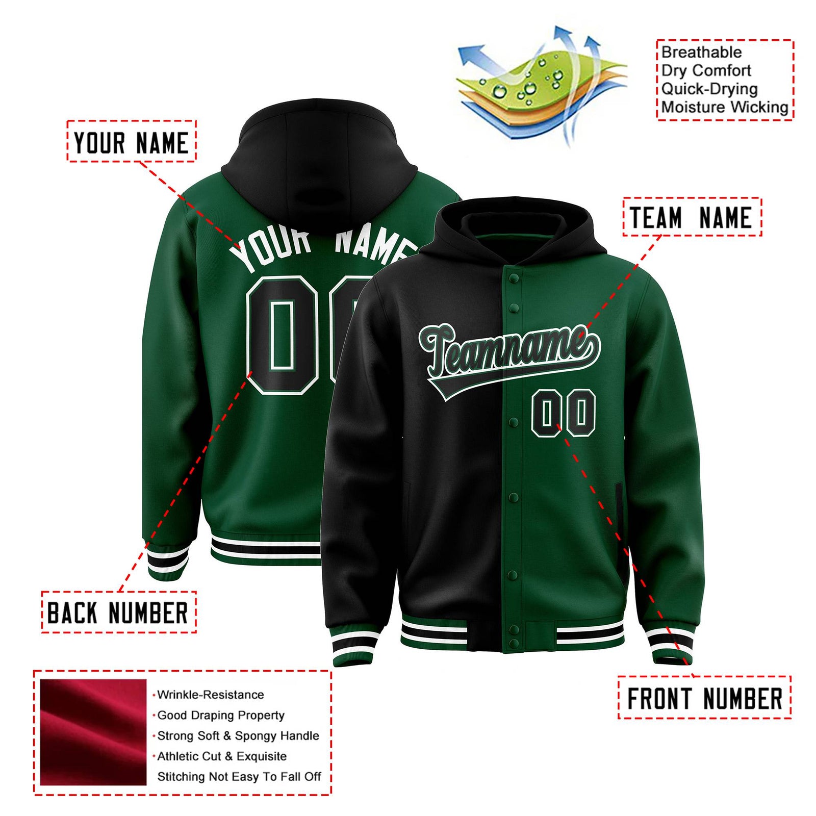 Custom Black Green Split Fashion Varsity Full-Snap Letterman Two Tone Hoodie Jacket