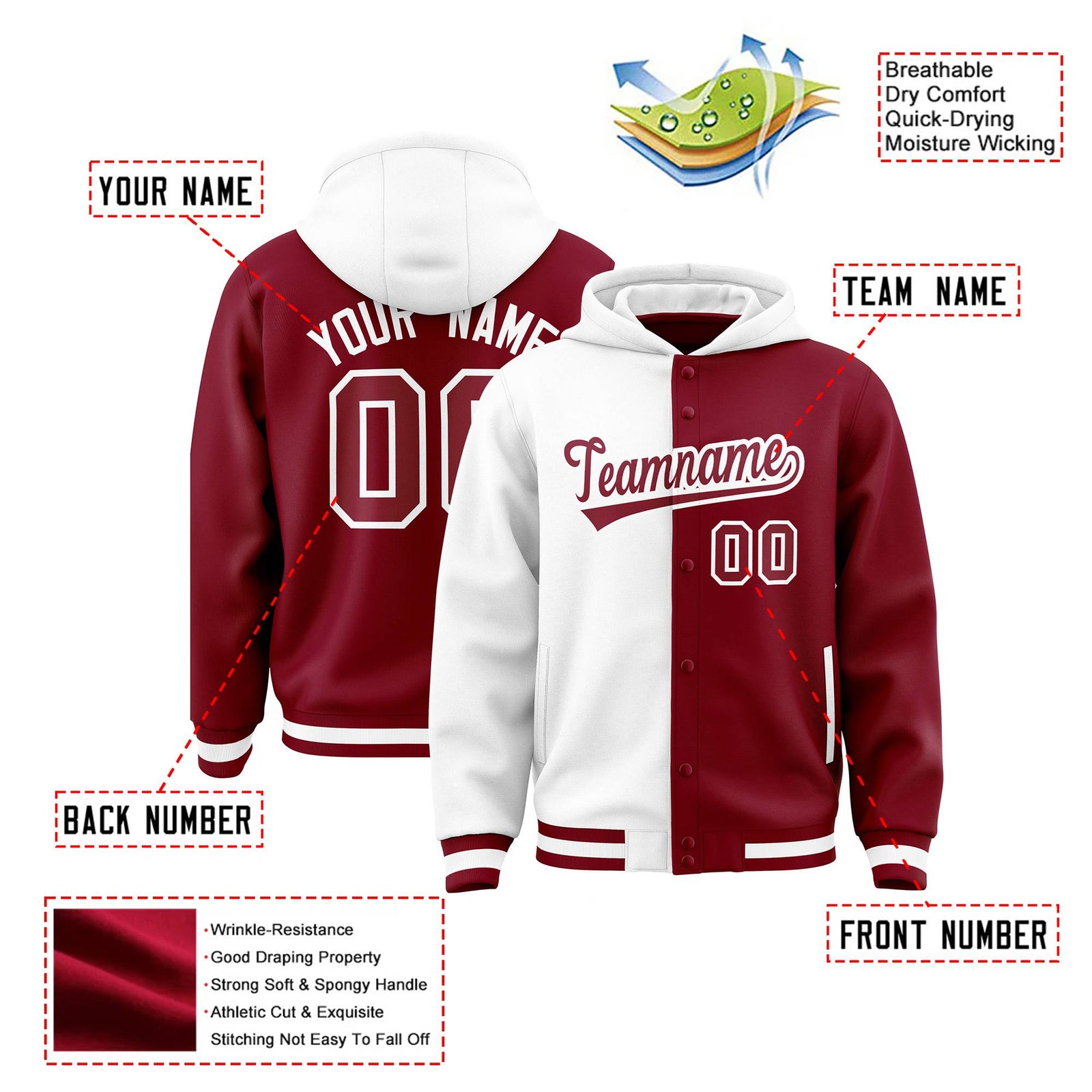 Custom White Crimson Split Fashion Varsity Full-Snap Letterman Two Tone Hoodie Jacket