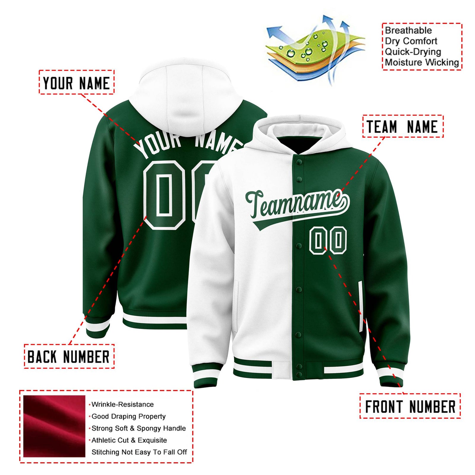 Custom White Green Split Fashion Varsity Full-Snap Letterman Two Tone Hoodie Jacket