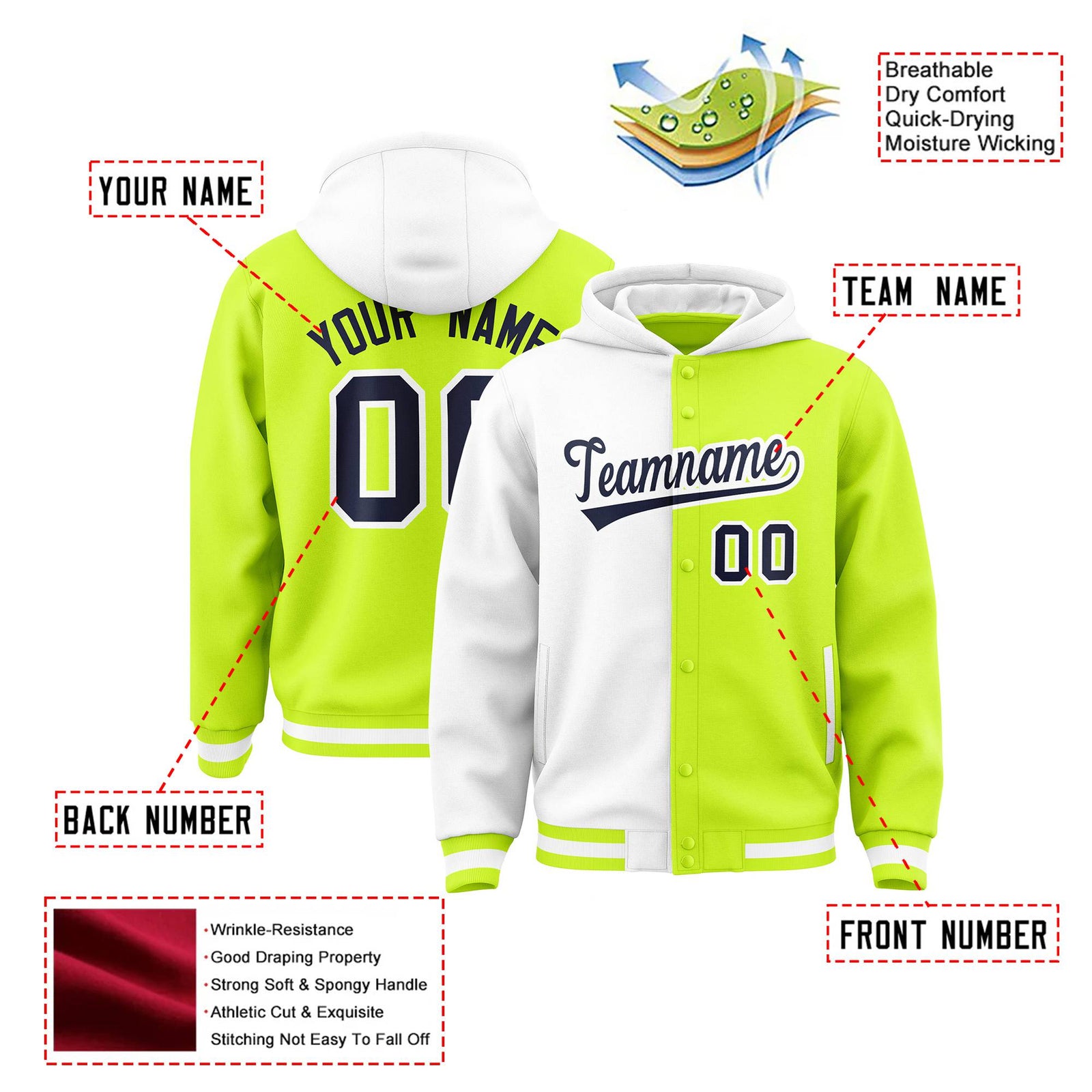 Custom White Fluorescent Green Split Fashion Varsity Full-Snap Letterman Two Tone Hoodie Jacket