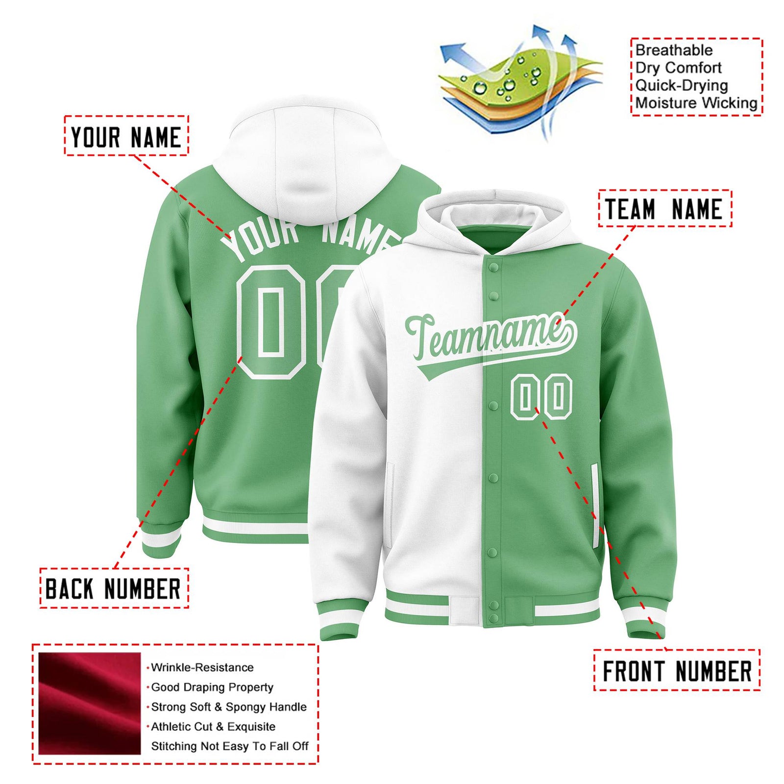 Custom White Bright Green Split Fashion Varsity Full-Snap Letterman Two Tone Hoodie Jacket