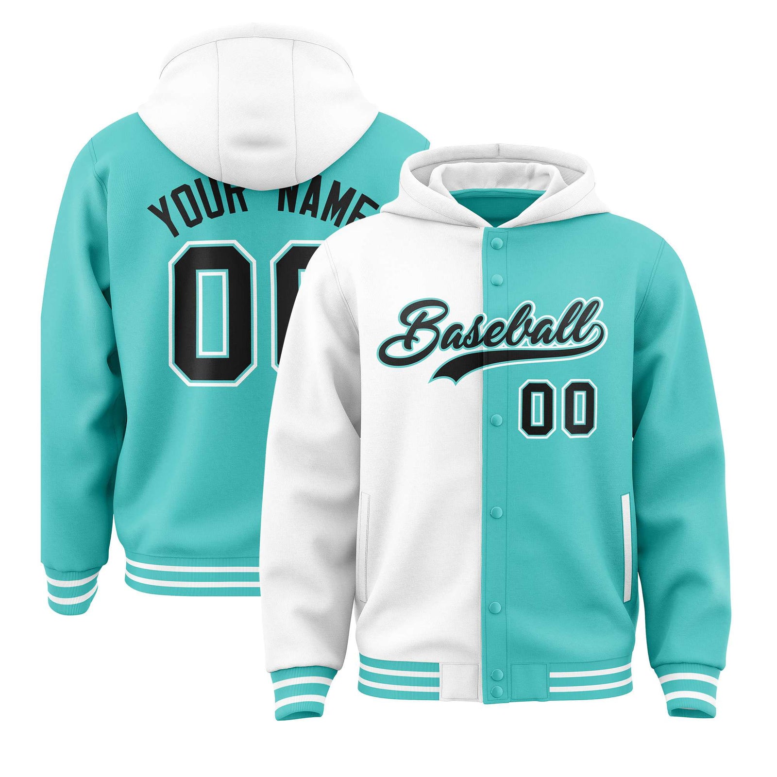 Custom White Aqua Split Fashion Varsity Full-Snap Letterman Two Tone Hoodie Jacket