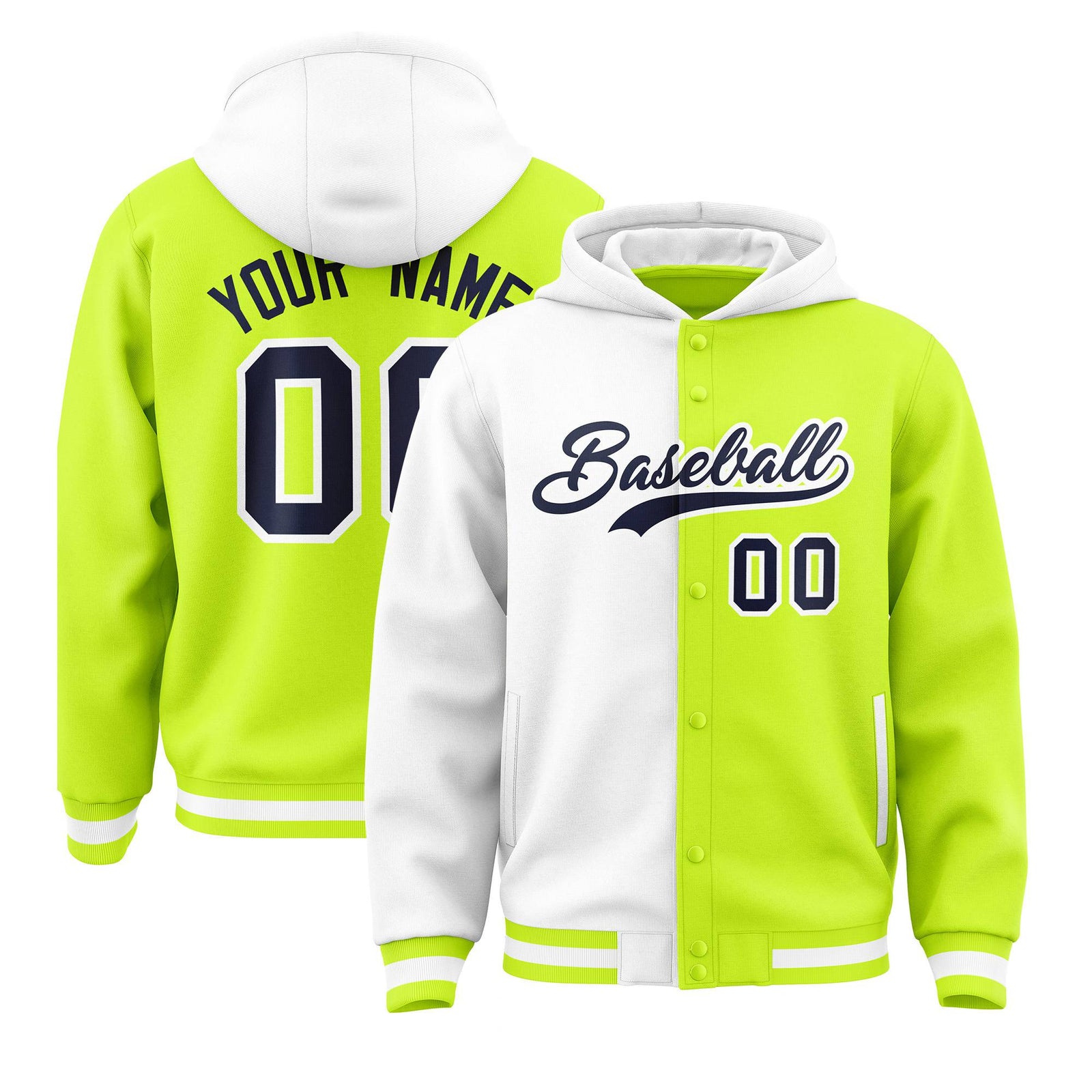 Custom White Fluorescent Green Split Fashion Varsity Full-Snap Letterman Two Tone Hoodie Jacket