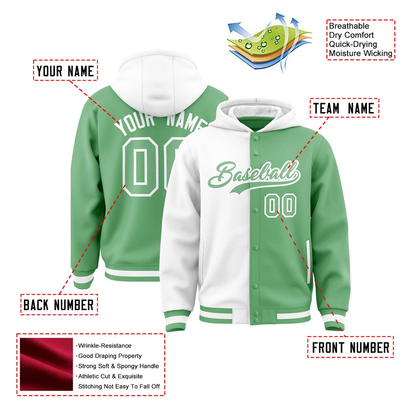 Custom White Bright Green Split Fashion Varsity Full-Snap Letterman Two Tone Hoodie Jacket