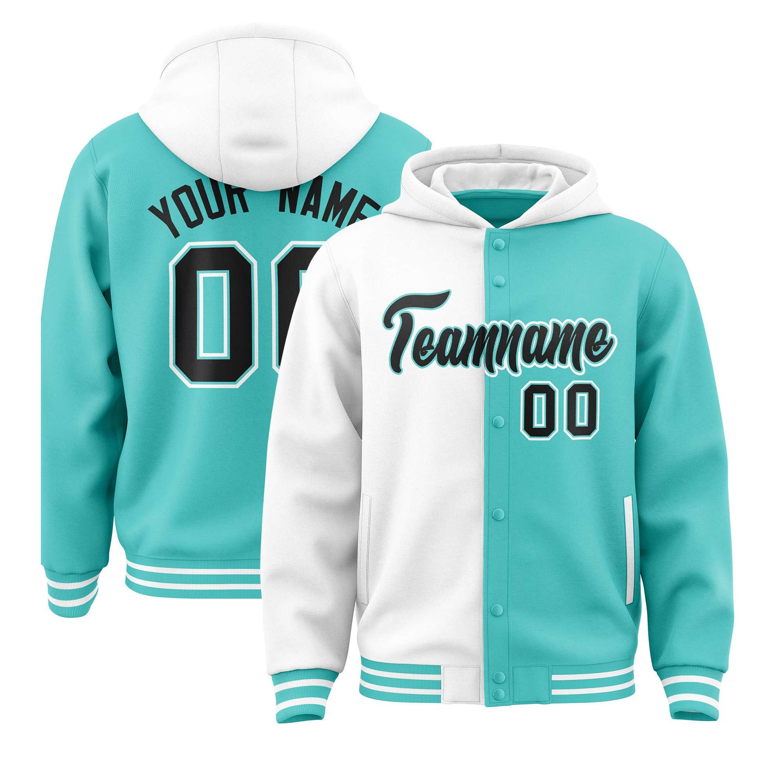 Custom White Aqua Split Fashion Varsity Full-Snap Letterman Two Tone Hoodie Jacket