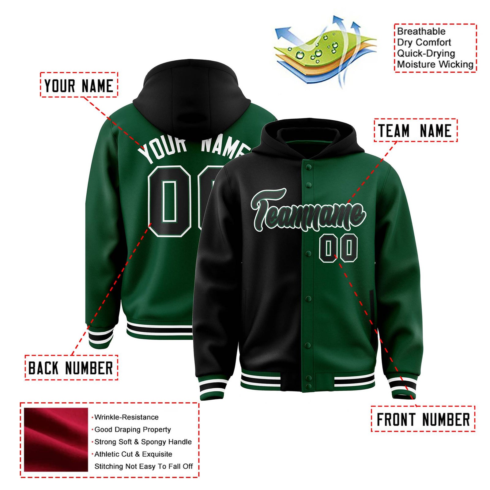 Custom Black Green Split Fashion Varsity Full-Snap Letterman Two Tone Hoodie Jacket