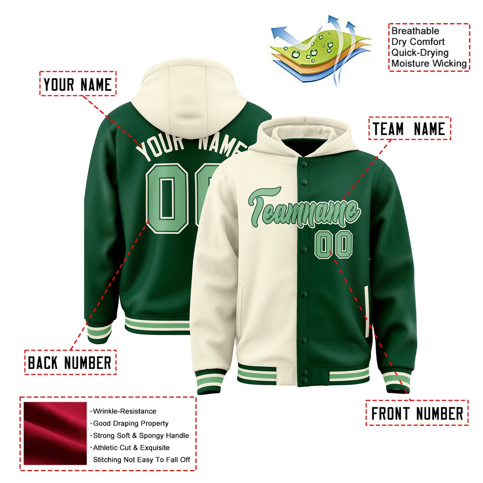 Custom Cream Green Split Fashion Varsity Full-Snap Letterman Two Tone Hoodie Jacket