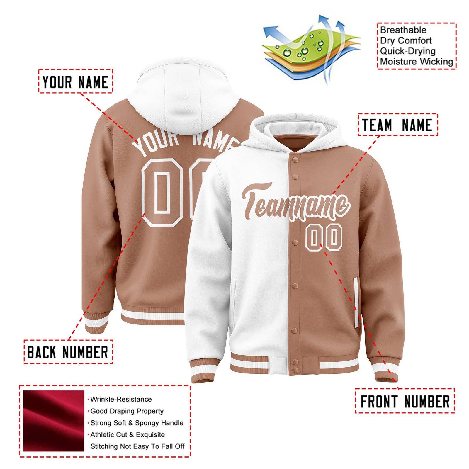 Custom White Light Brown Split Fashion Varsity Full-Snap Letterman Two Tone Hoodie Jacket