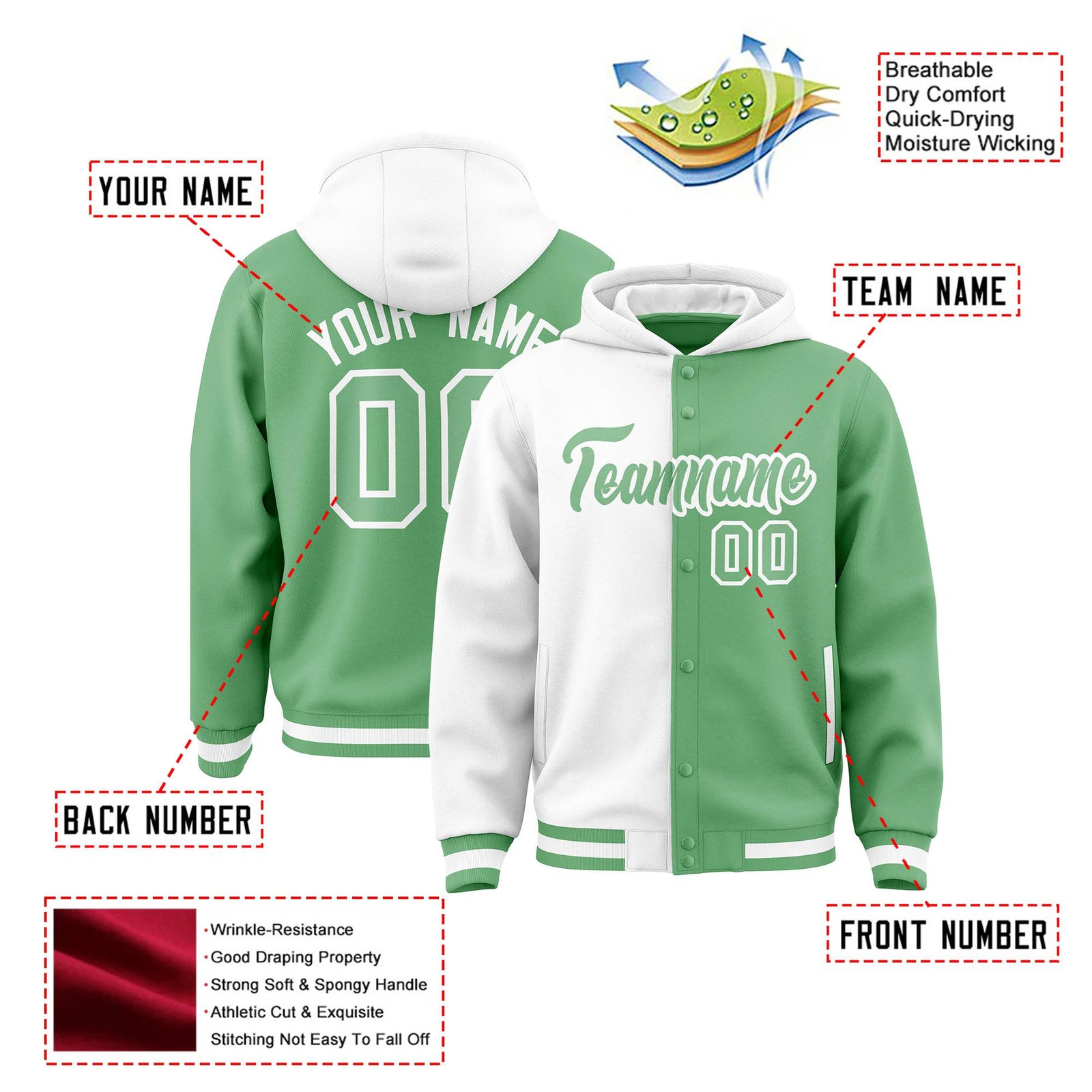 Custom White Bright Green Split Fashion Varsity Full-Snap Letterman Two Tone Hoodie Jacket