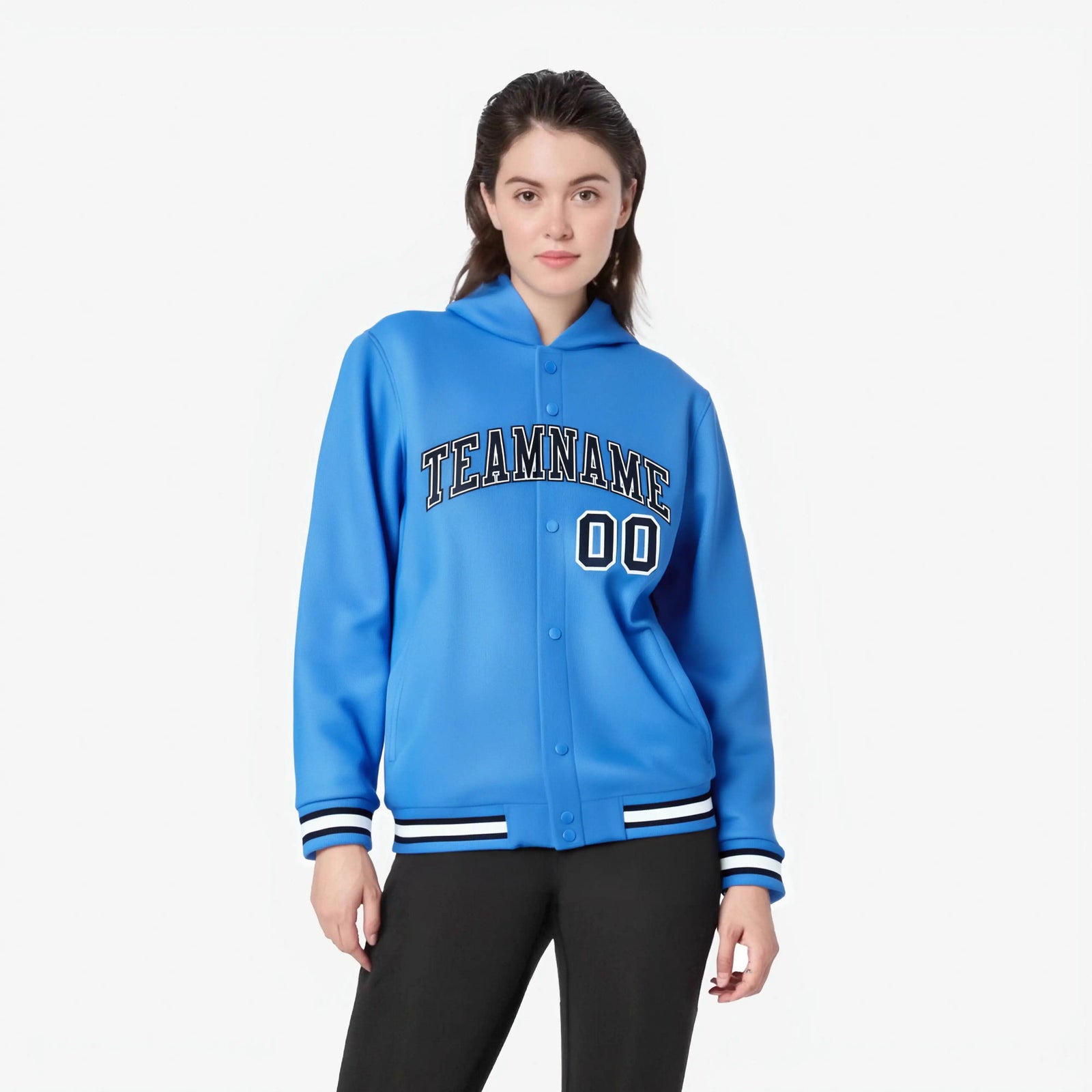 Custom Powder Blue Navy-White Varsity Full-Snap Letterman Classic Hoodie Jacket