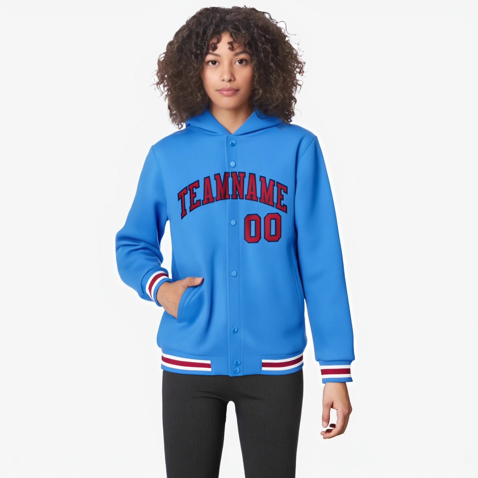 Custom Powder Blue Red-Navy Varsity Full-Snap Letterman Classic Hoodie Jacket