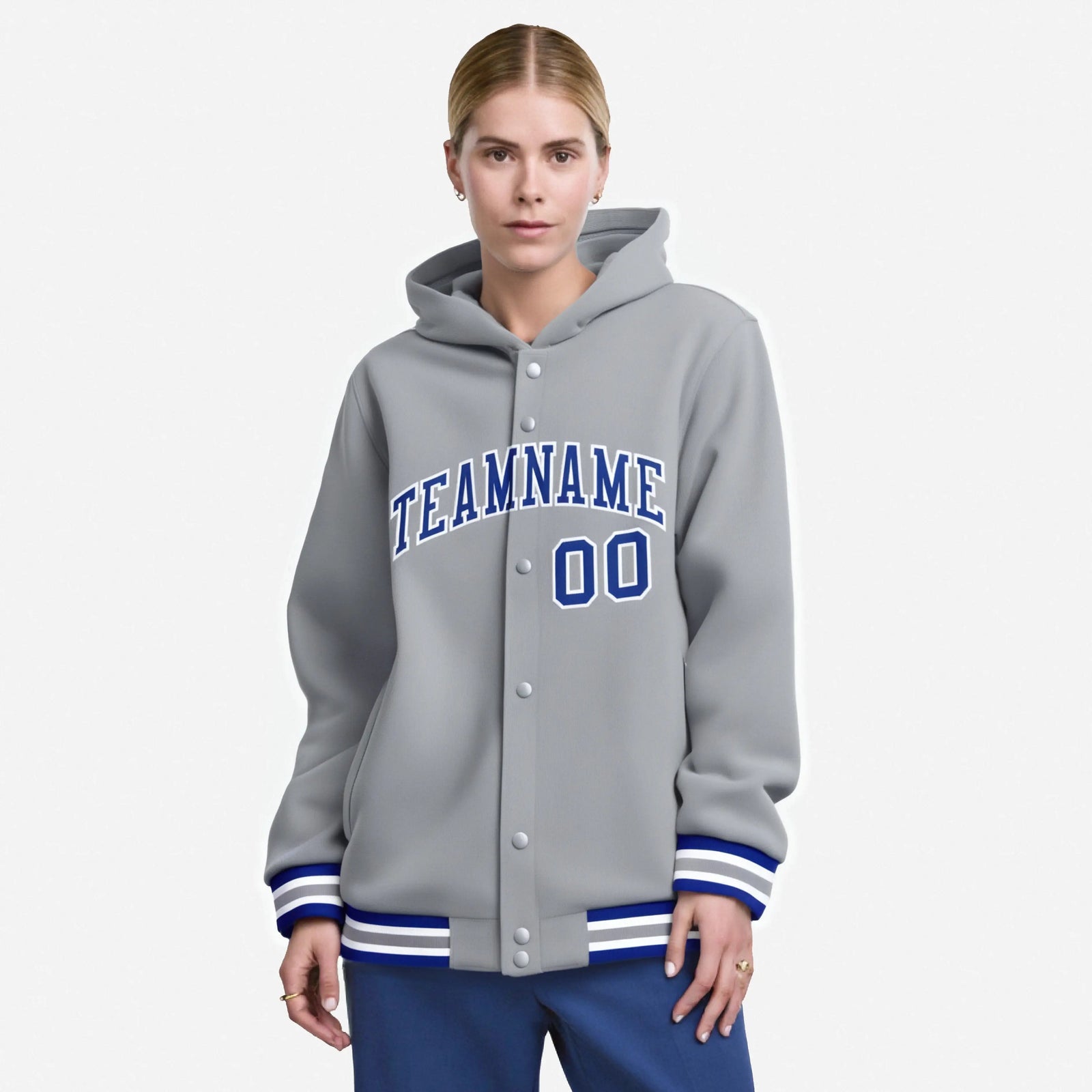 Custom Gray Royal Blue-White Varsity Full-Snap Letterman Classic Hoodie Jacket