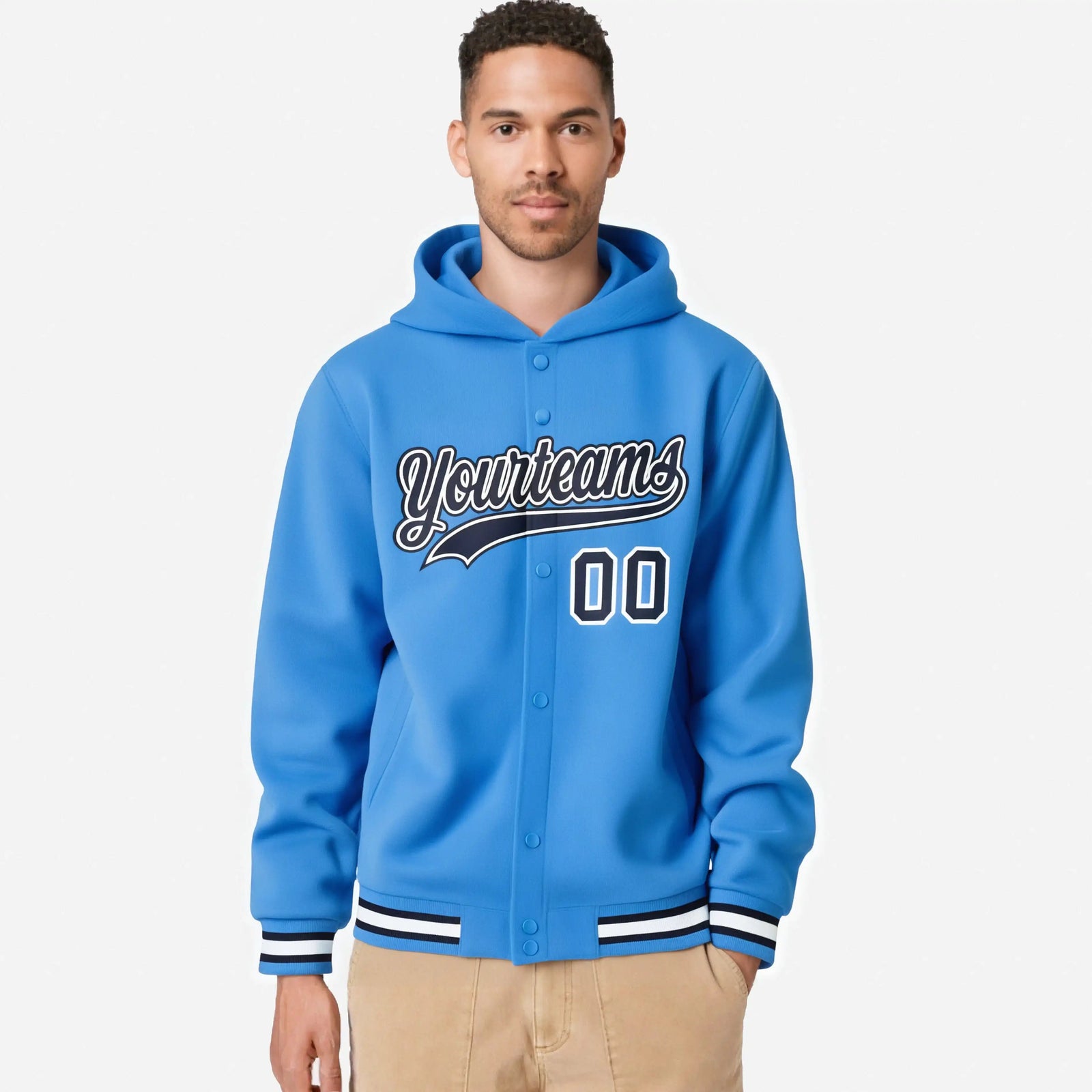 Custom Powder Blue Navy-White Varsity Full-Snap Letterman Classic Hoodie Jacket