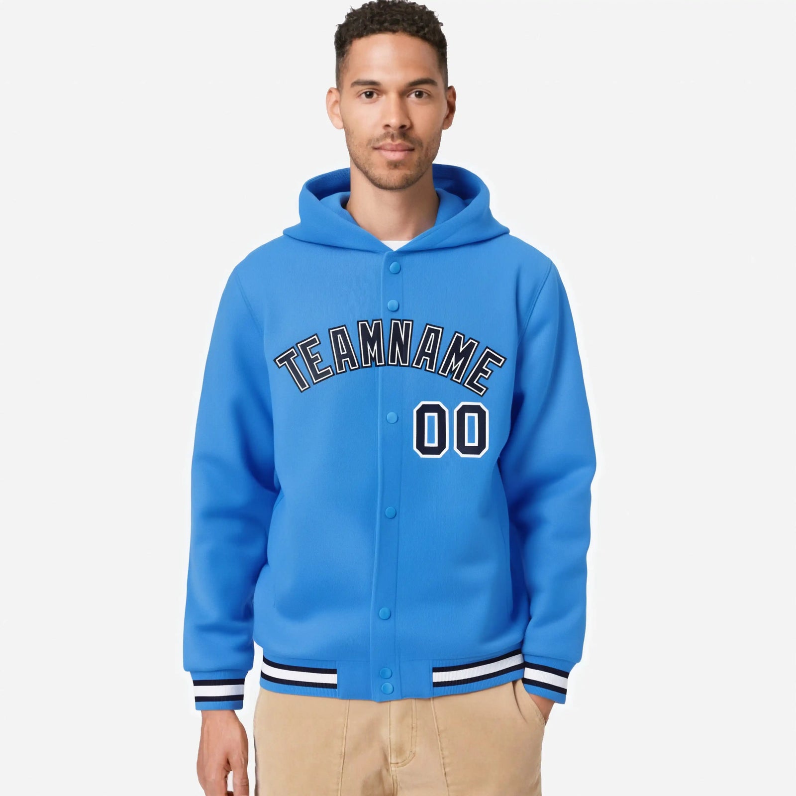 Custom Powder Blue Navy-White Varsity Full-Snap Letterman Classic Hoodie Jacket