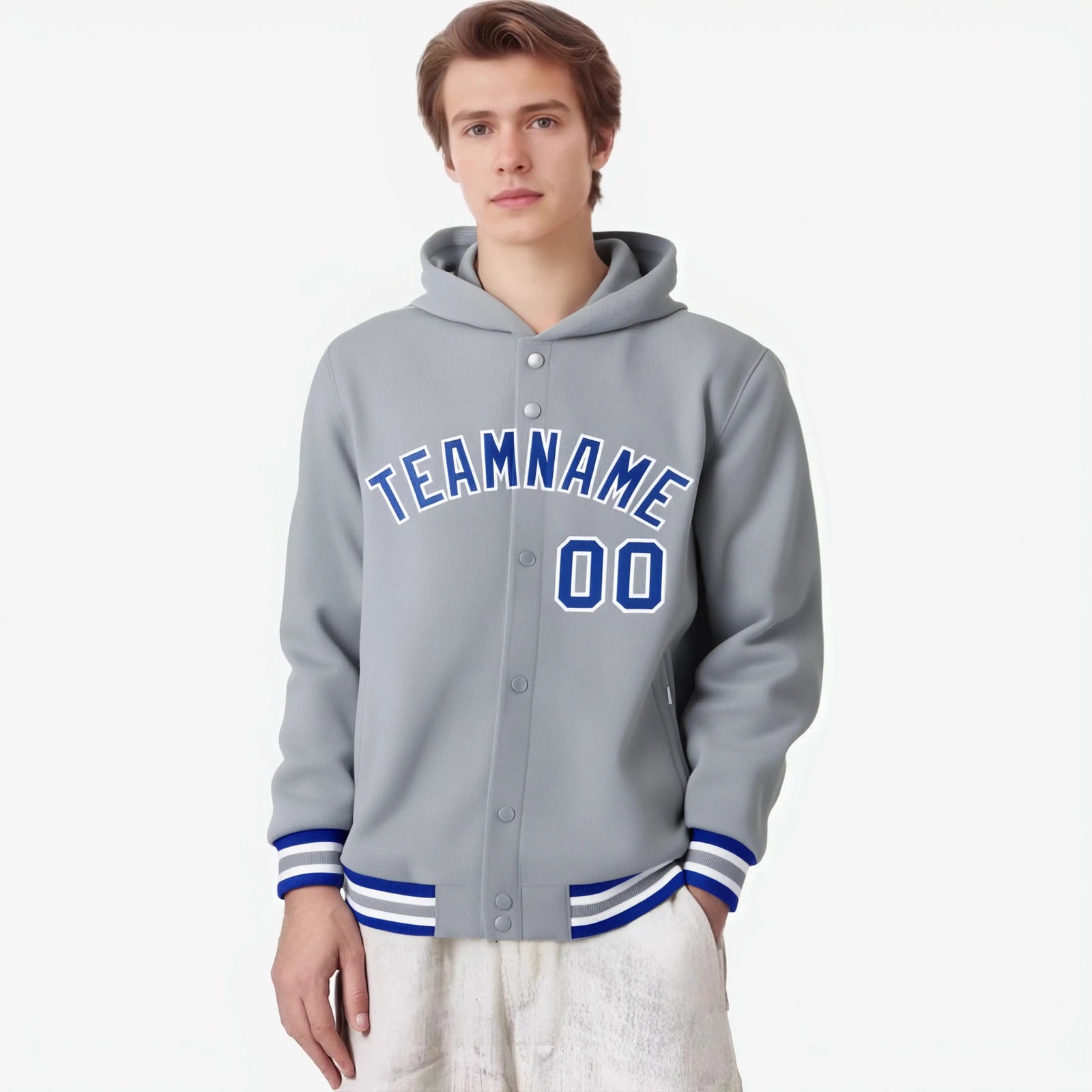 Custom Gray Royal Blue-White Varsity Full-Snap Letterman Classic Hoodie Jacket