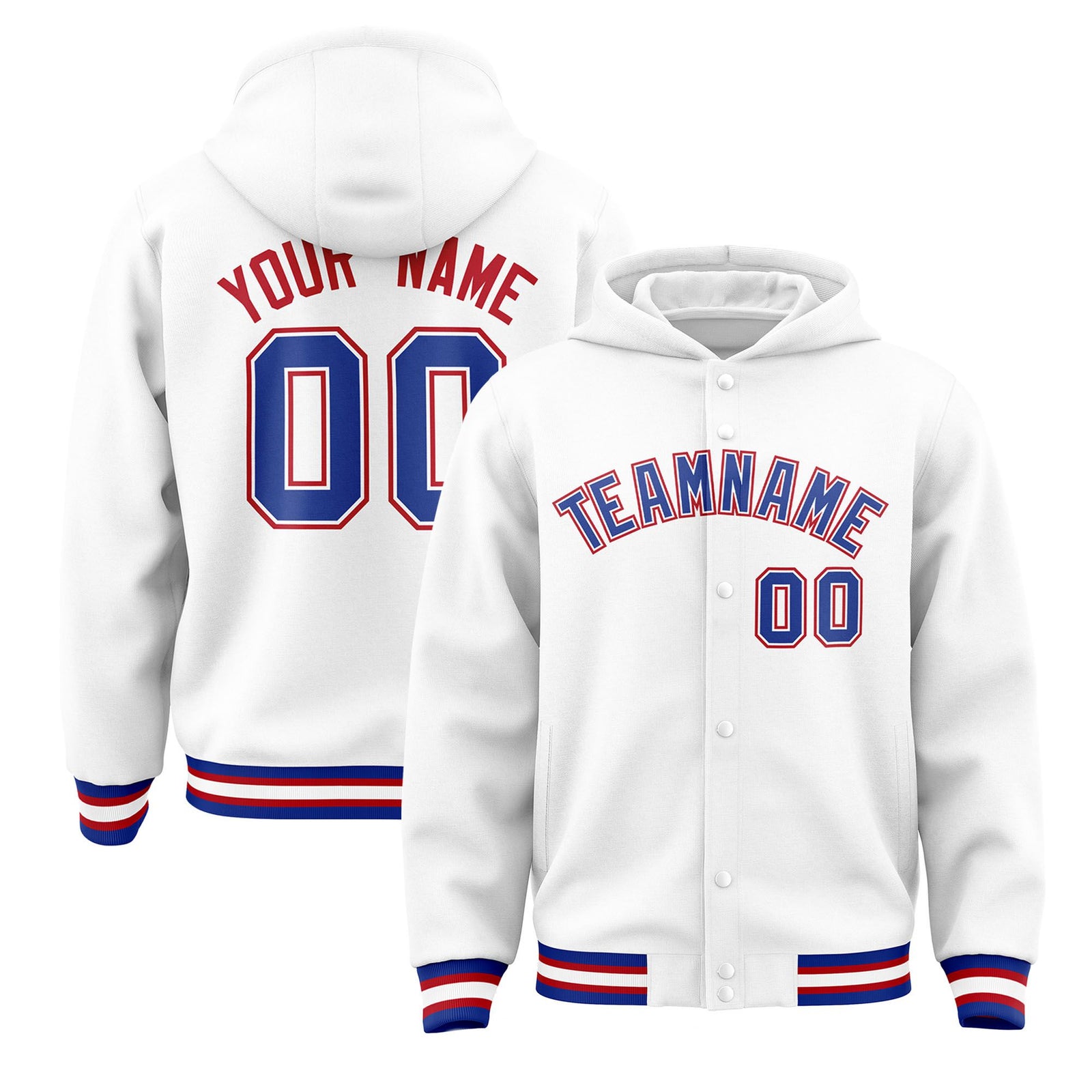 Custom White Royal Blue-Red Varsity Full-Snap Letterman Classic Hoodie Jacket
