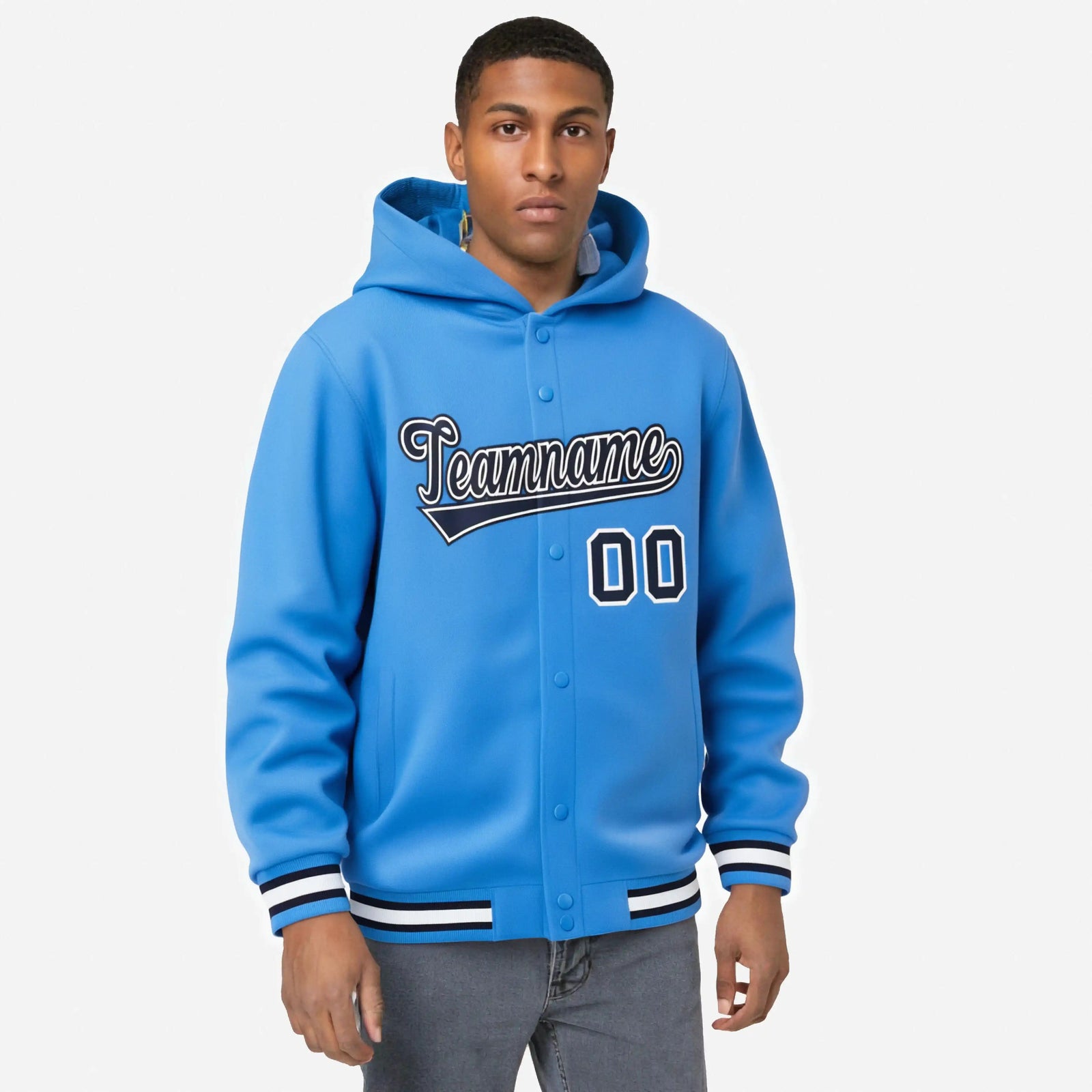 Custom Powder Blue Navy-White Varsity Full-Snap Letterman Classic Hoodie Jacket