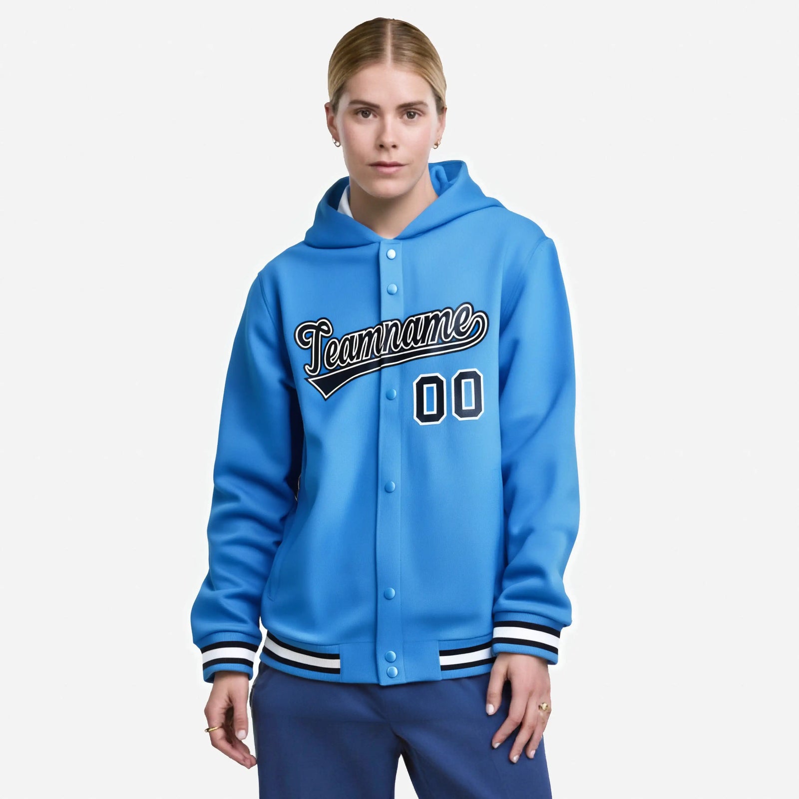 Custom Powder Blue Navy-White Varsity Full-Snap Letterman Classic Hoodie Jacket