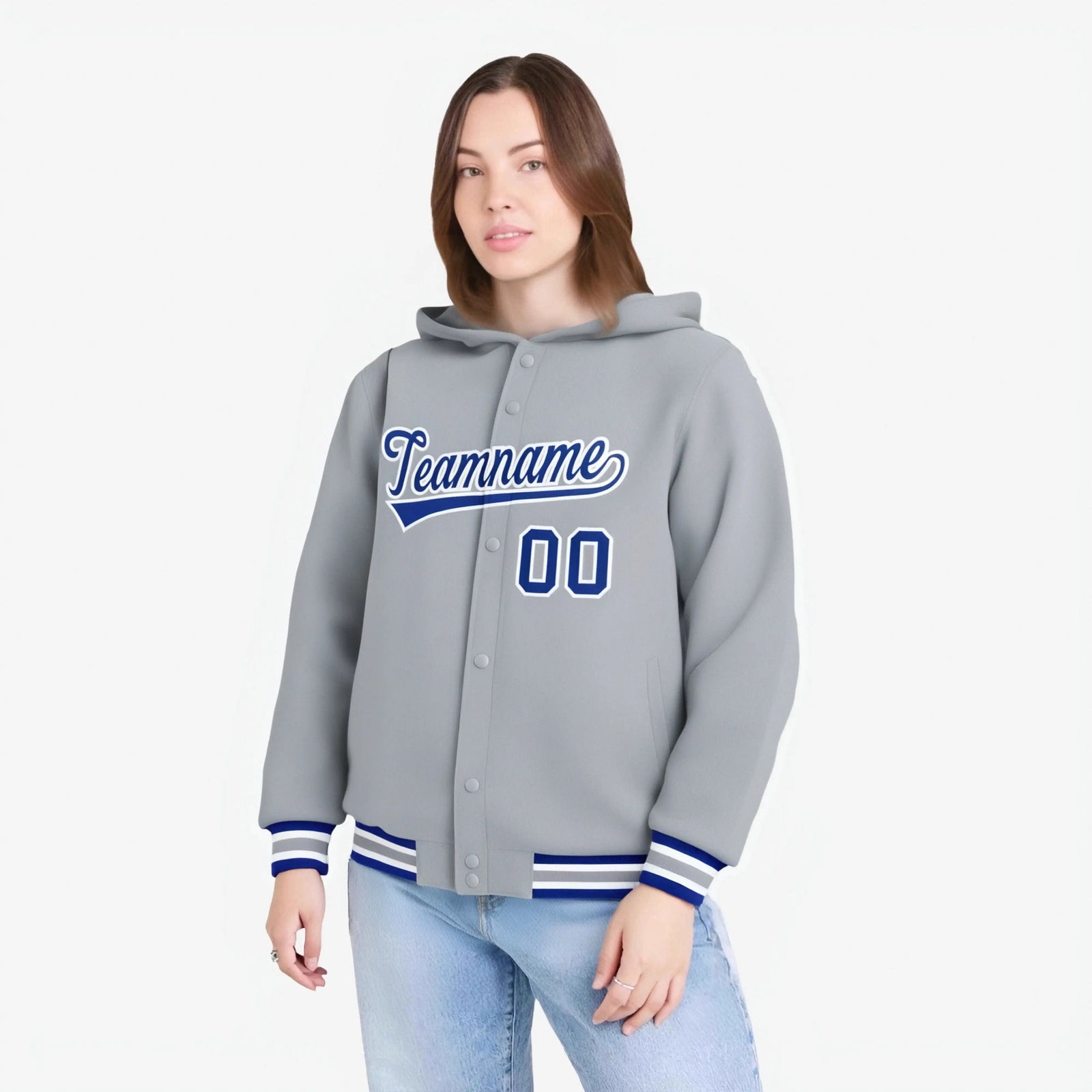 Custom Gray Royal Blue-White Varsity Full-Snap Letterman Classic Hoodie Jacket