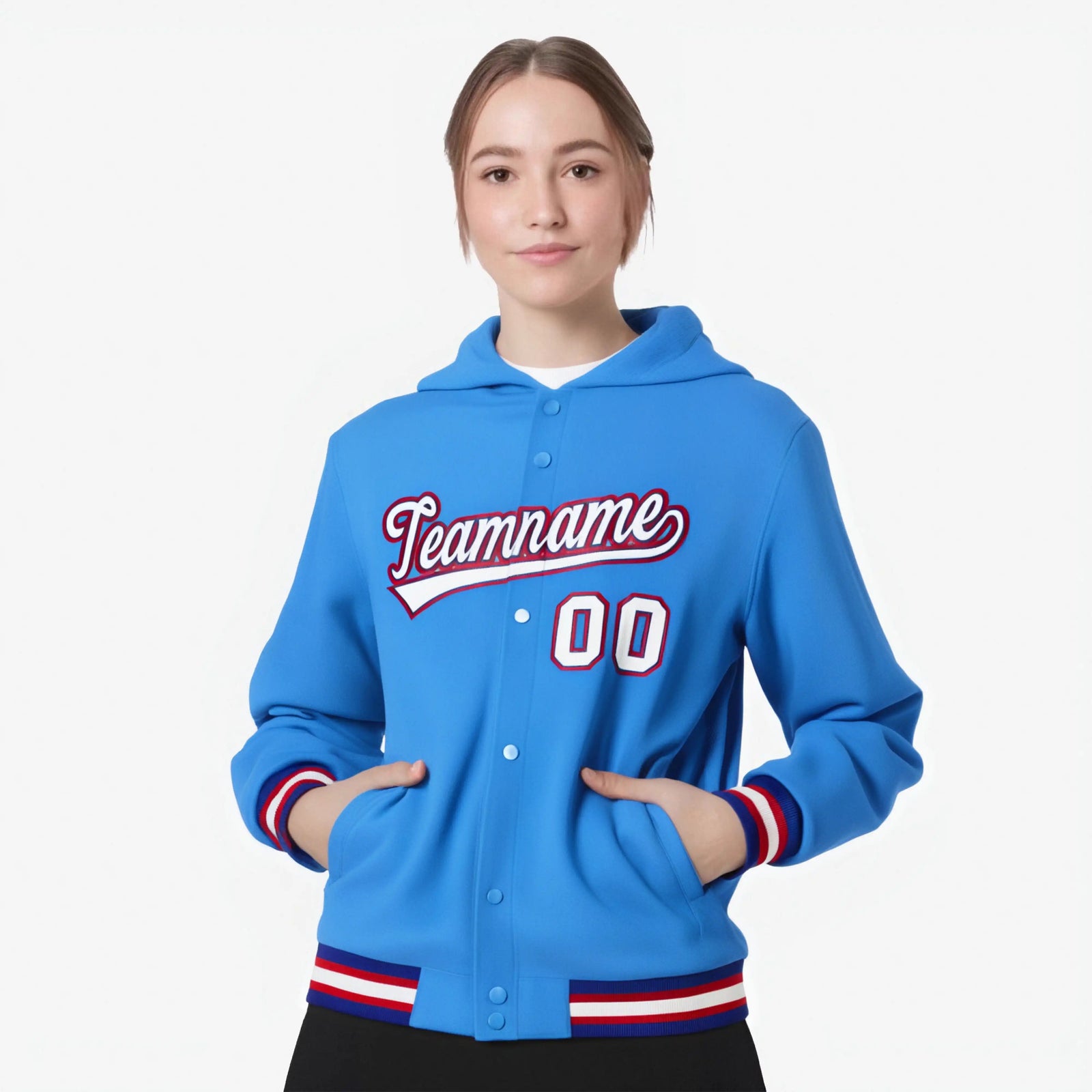 Custom Powder Blue White-Red Varsity Full-Snap Letterman Classic Hoodie Jacket