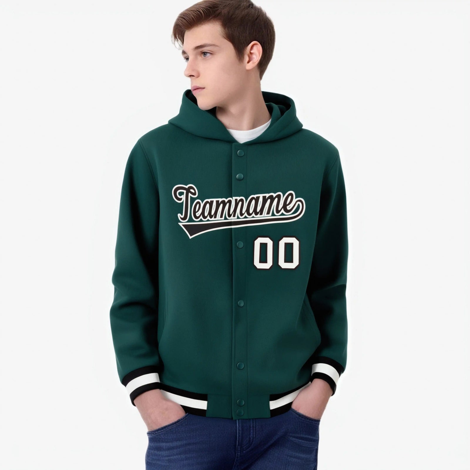Custom Green Black-White Varsity Full-Snap Letterman Classic Hoodie Jacket