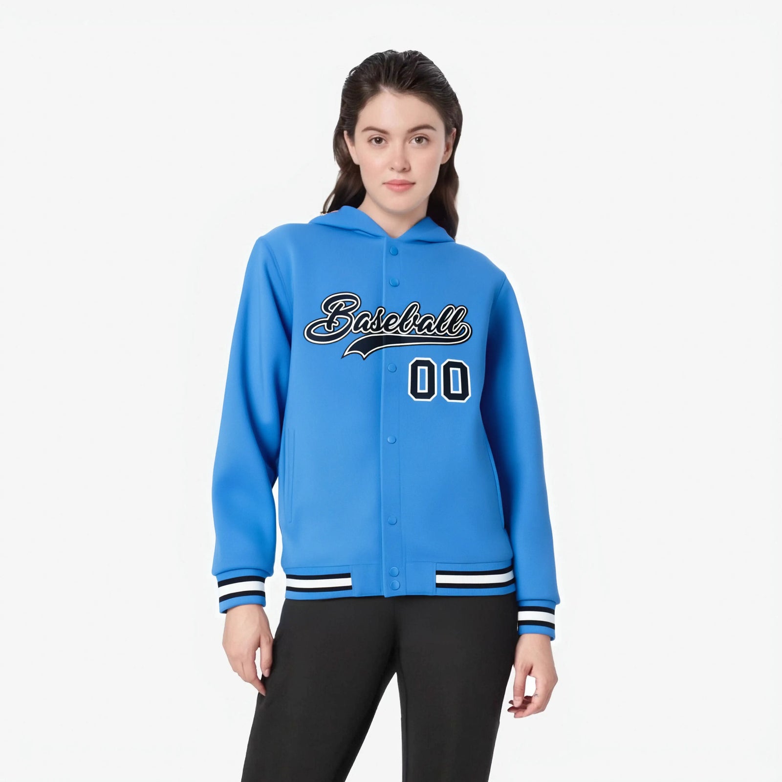 Custom Powder Blue Navy-White Varsity Full-Snap Letterman Classic Hoodie Jacket