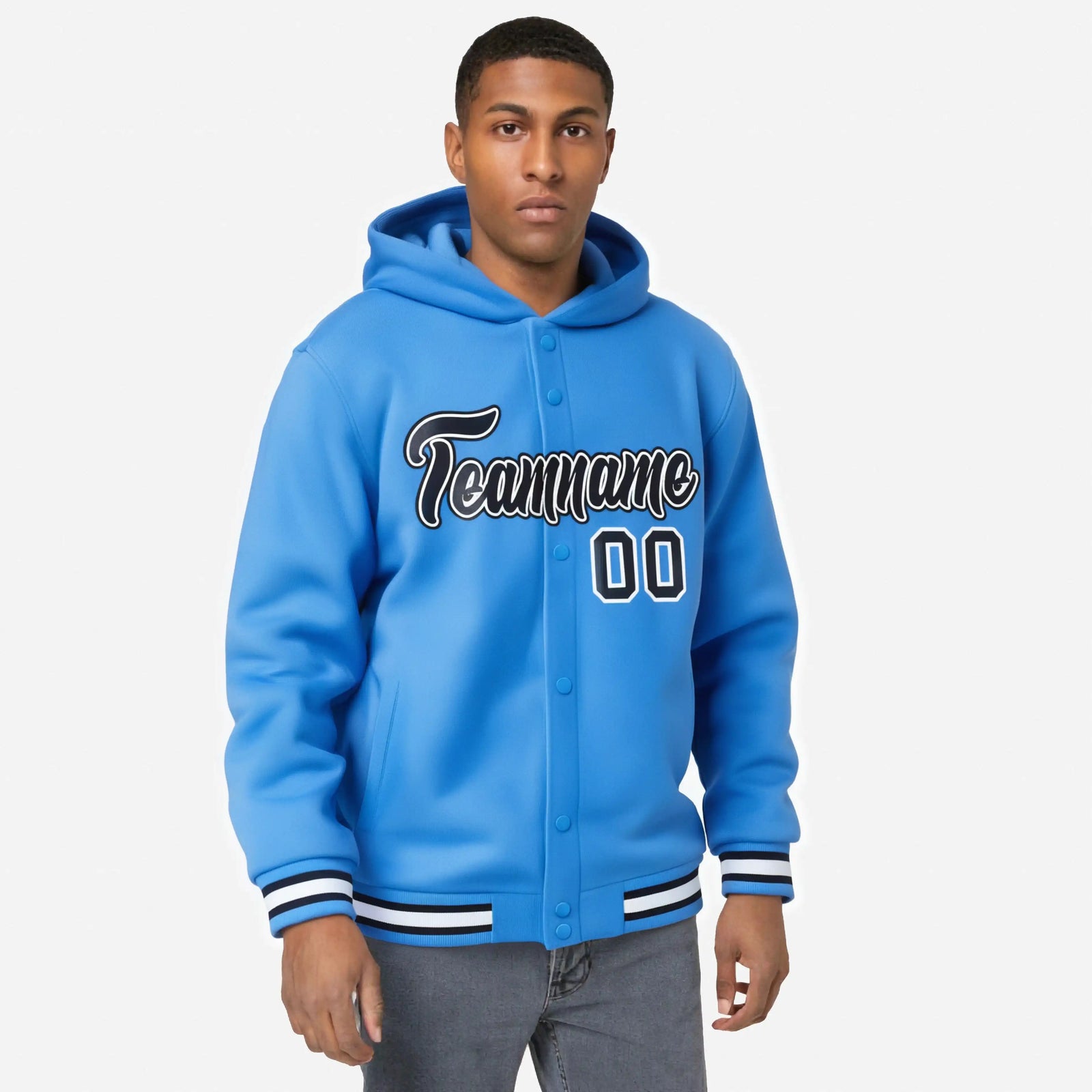 Custom Powder Blue Navy-White Varsity Full-Snap Letterman Classic Hoodie Jacket