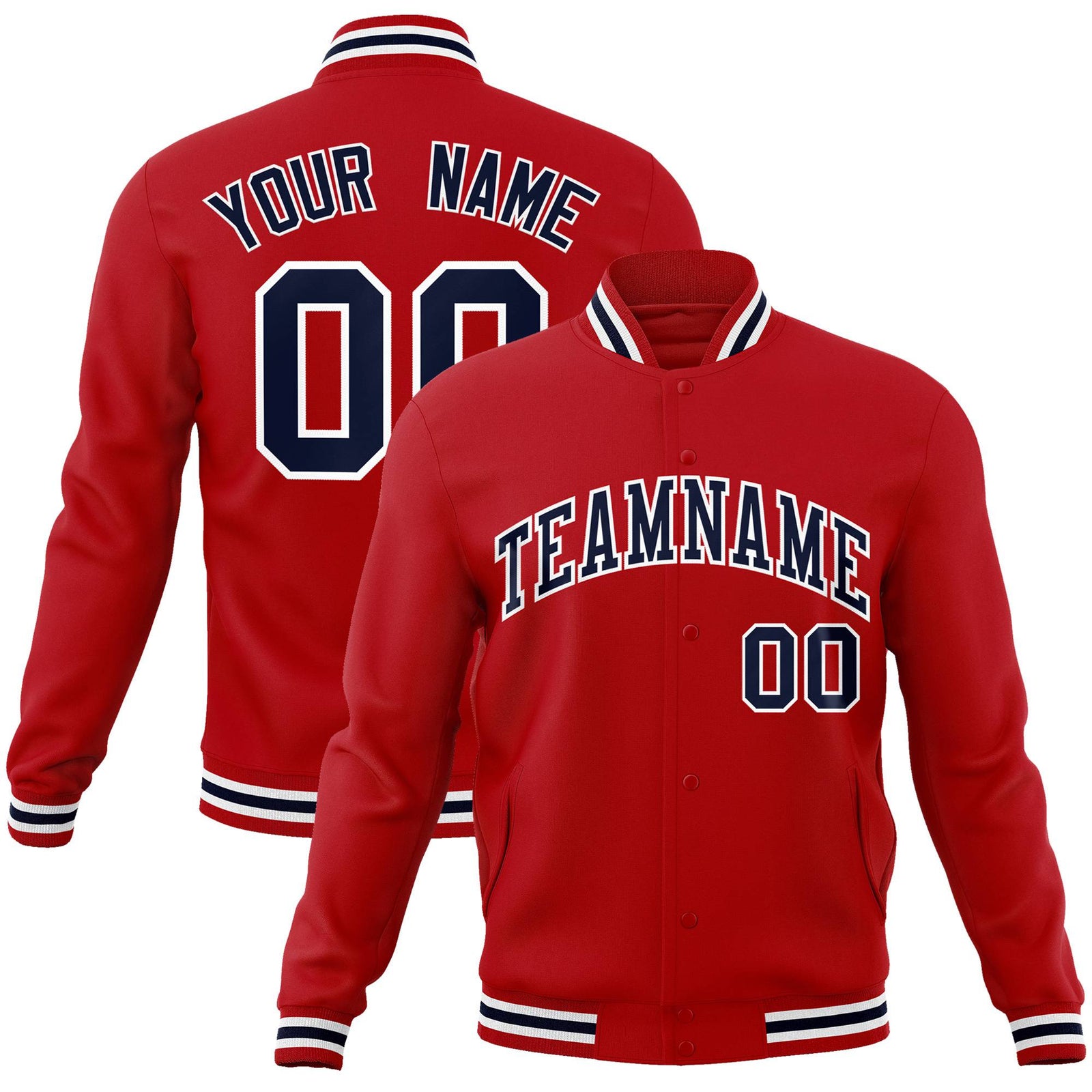 Custom Royal Red Navy White Bomber Full-Snap Varsity Letterman Jacket