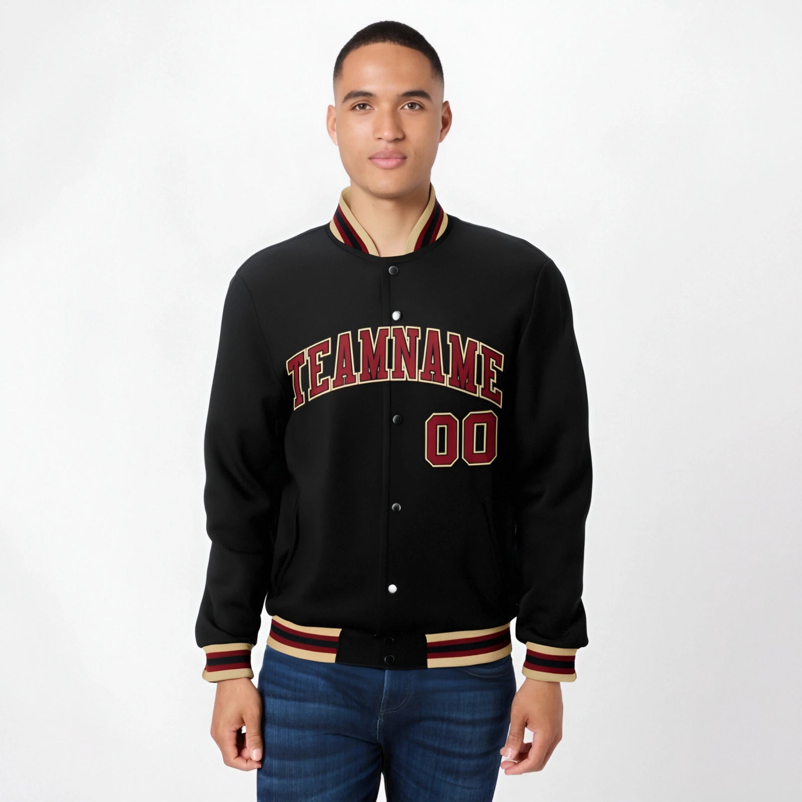 Custom Black Burgundy Old-Gold Bomber Full-Snap Varsity Letterman Jacket