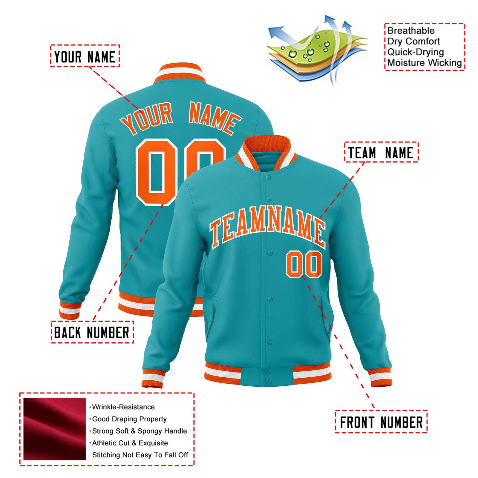 Custom Aqua Orange White Bomber Full-Snap Varsity Letterman Jacket