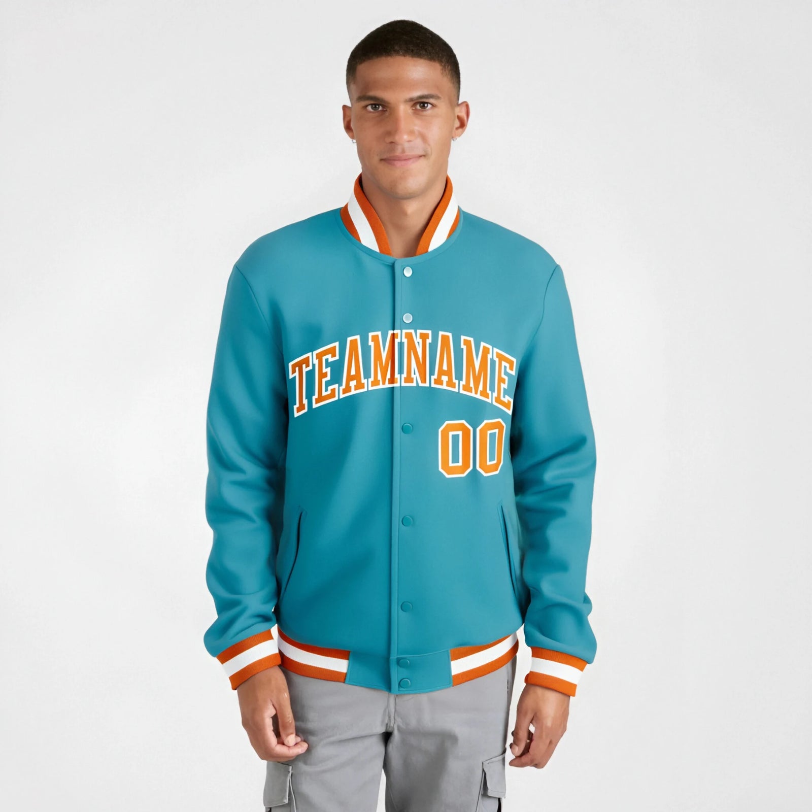 Custom Aqua Orange White Bomber Full-Snap Varsity Letterman Jacket