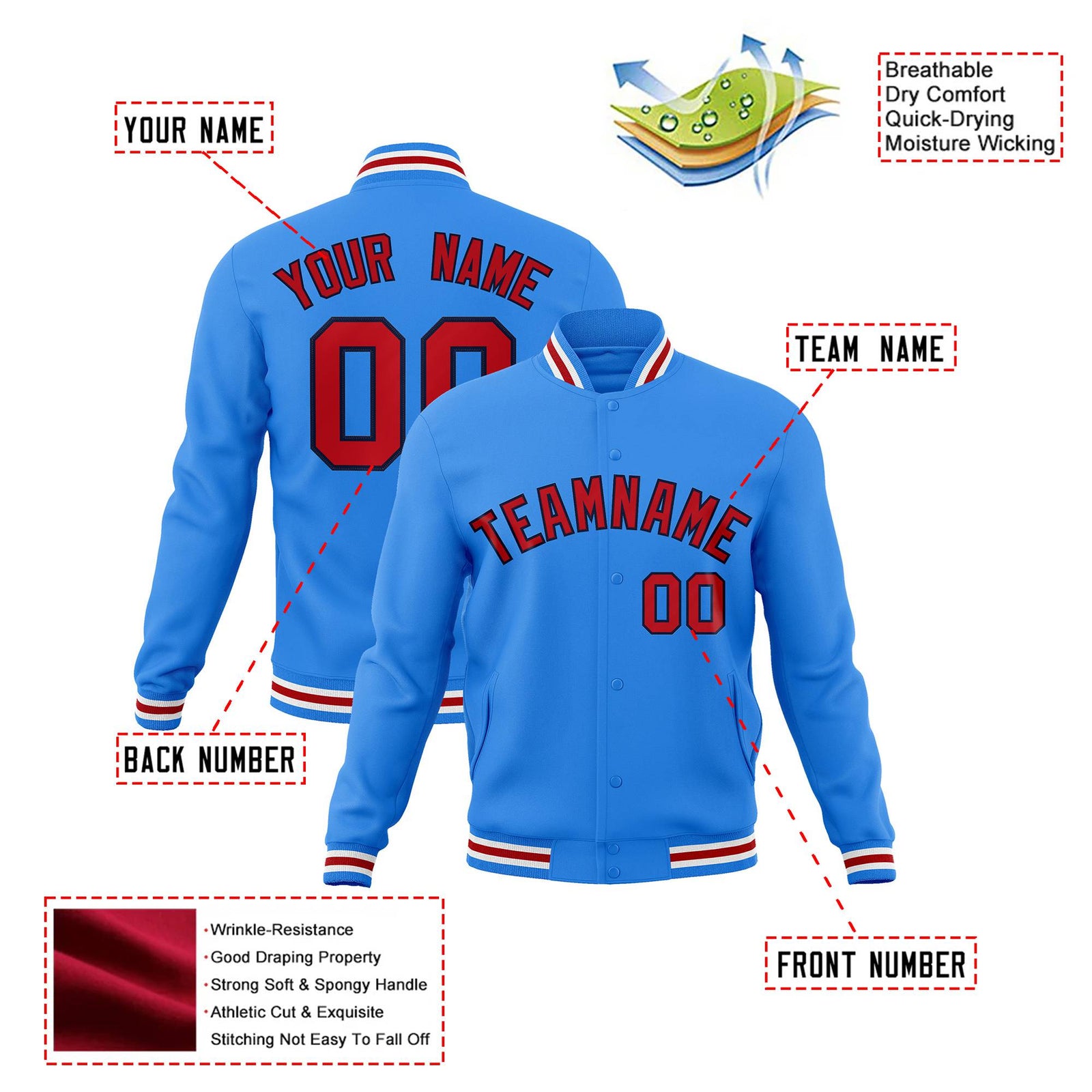 Custom Electric Blue Red White Bomber Full-Snap Varsity Letterman Jacket