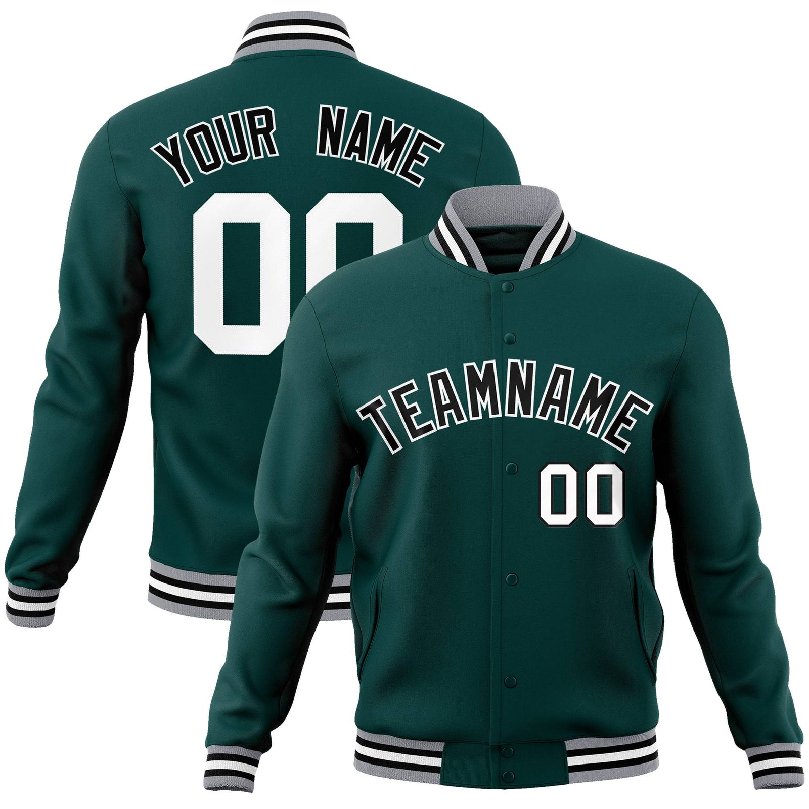 Custom Midnight-Green Black Gray Bomber Full-Snap Varsity Letterman Jacket