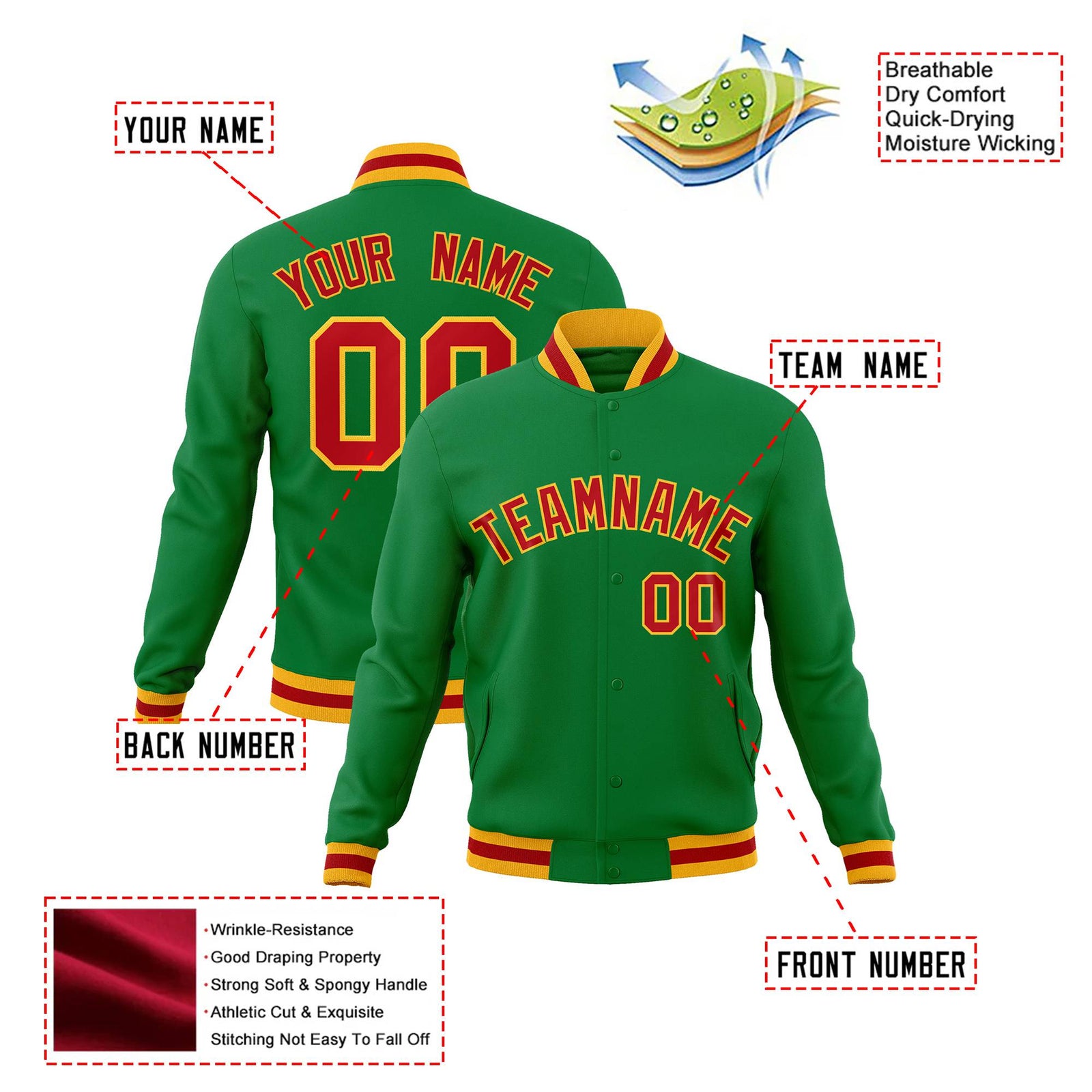 Custom Neon-Green Red-Gold Bomber Full-Snap Varsity Letterman Jacket