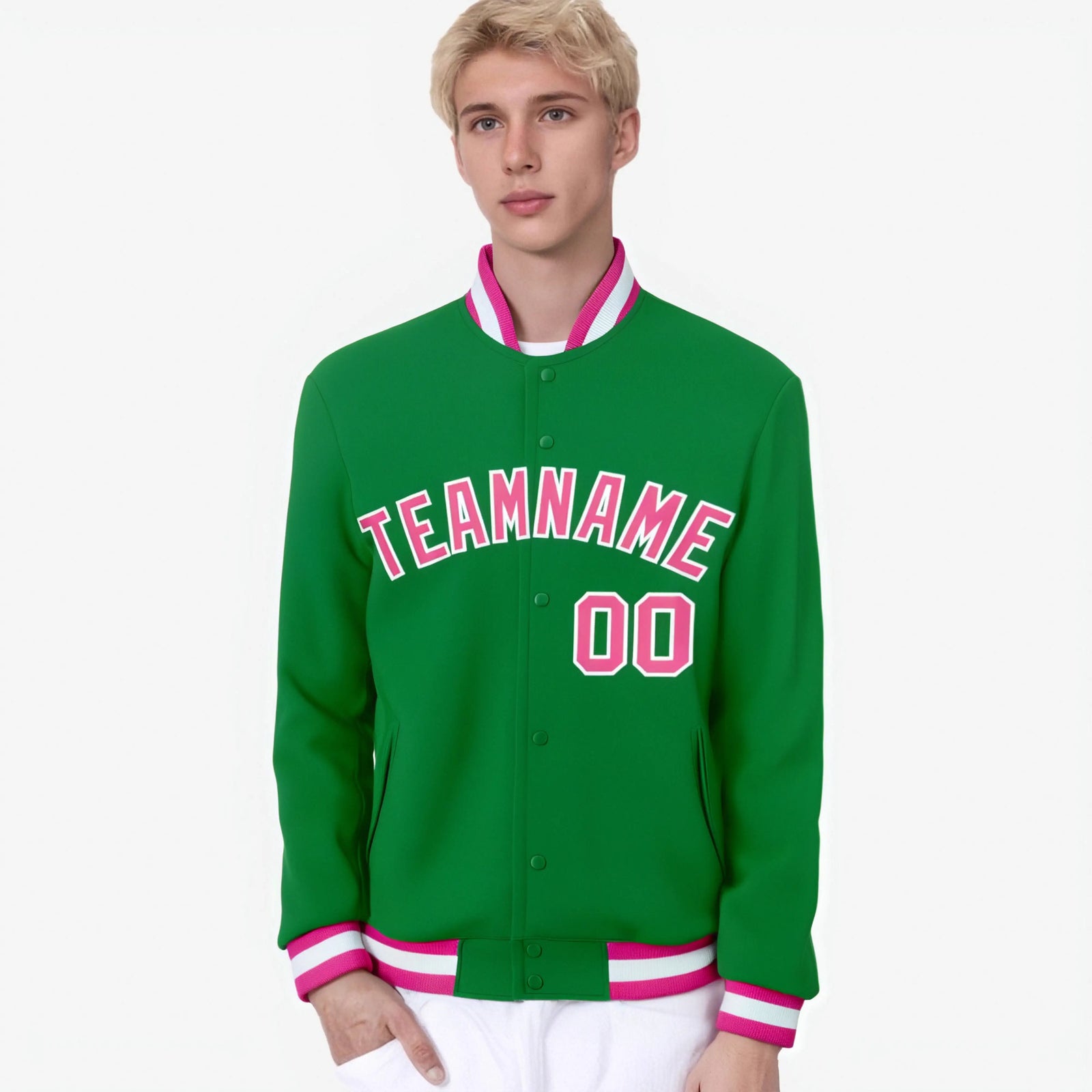 Custom Neon-Green Pink-White Bomber Full-Snap Varsity Letterman Jacket