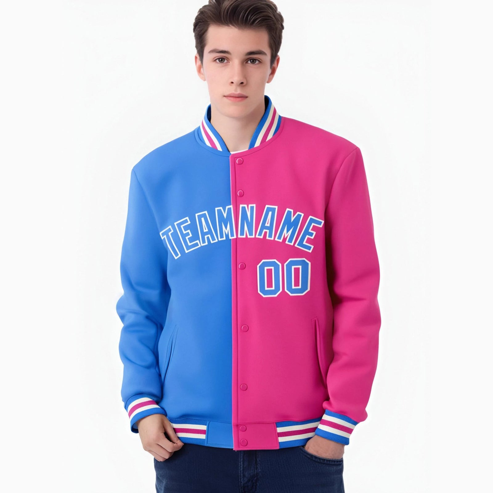 Custom Light-Blue Pink Bomber Full-Snap Varsity Letterman Split Fashion Jacket