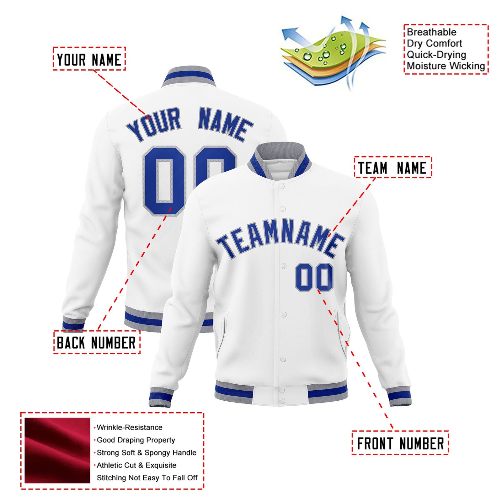 Custom White- Blue-Gray Bomber Full-Snap Varsity Letterman Jacket