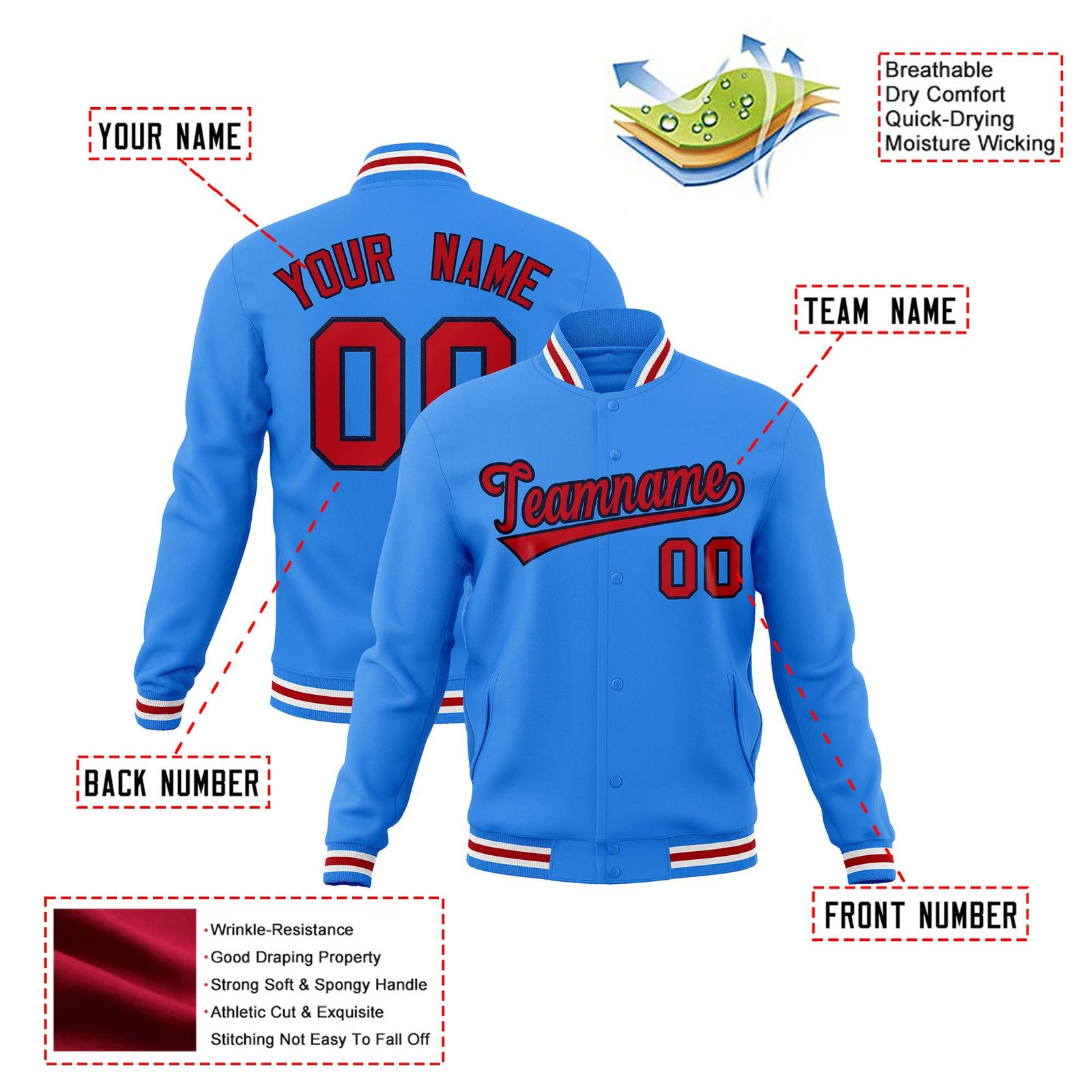 Custom Electric Blue Red White Bomber Full-Snap Varsity Letterman Jacket