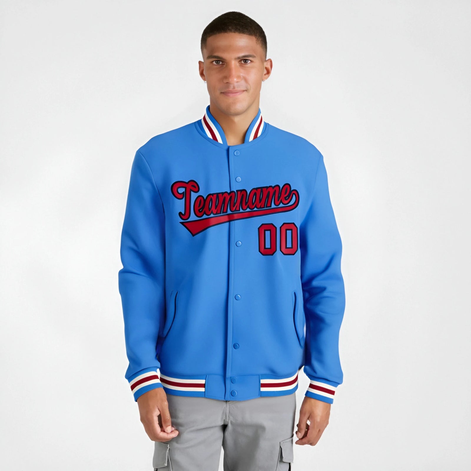 Custom Electric Blue Red White Bomber Full-Snap Varsity Letterman Jacket